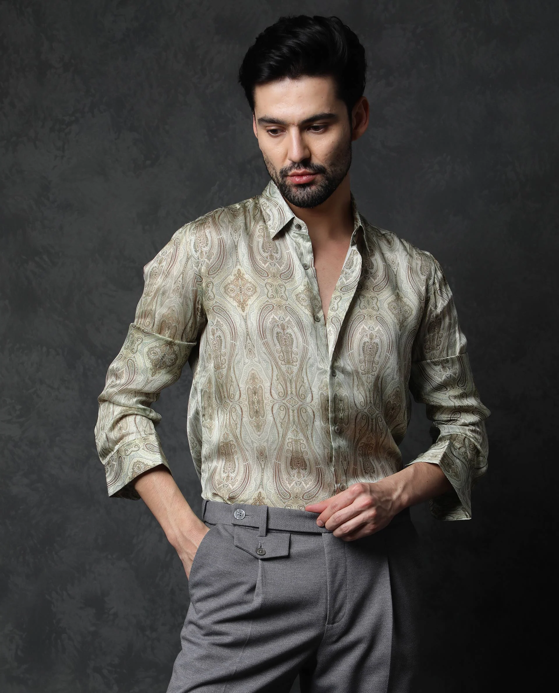 Rare Rabbit Men's Fable Olive Cotton Paisley Print Regular Fit Full Sleeve Collared Shirt - Image 4
