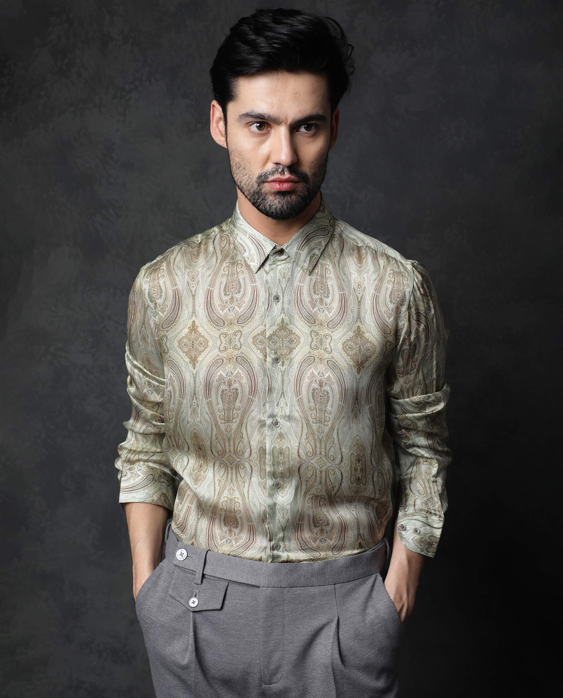 Rare Rabbit Men's Fable Olive Cotton Paisley Print Regular Fit Full Sleeve Collared Shirt - Image 5