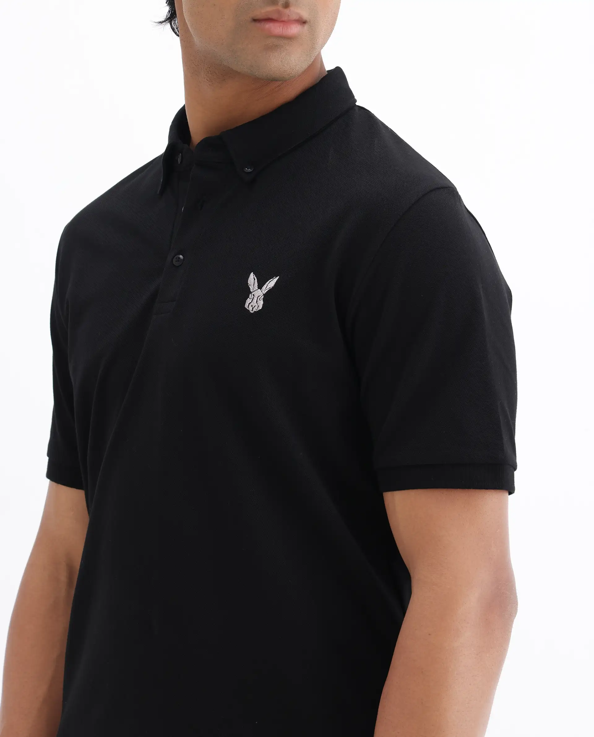 Rare Rabbit Men's Face Black Cotton Embroidered Regular Fit Half Sleeve Polo - Image 3