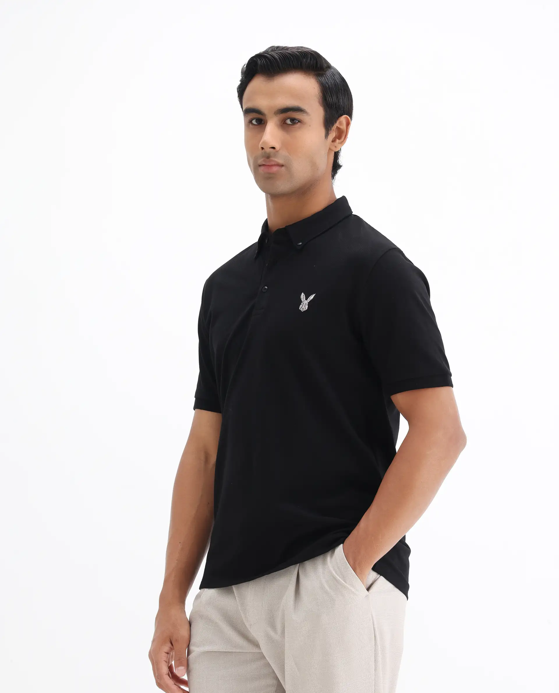 Rare Rabbit Men's Face Black Cotton Embroidered Regular Fit Half Sleeve Polo - Image 4