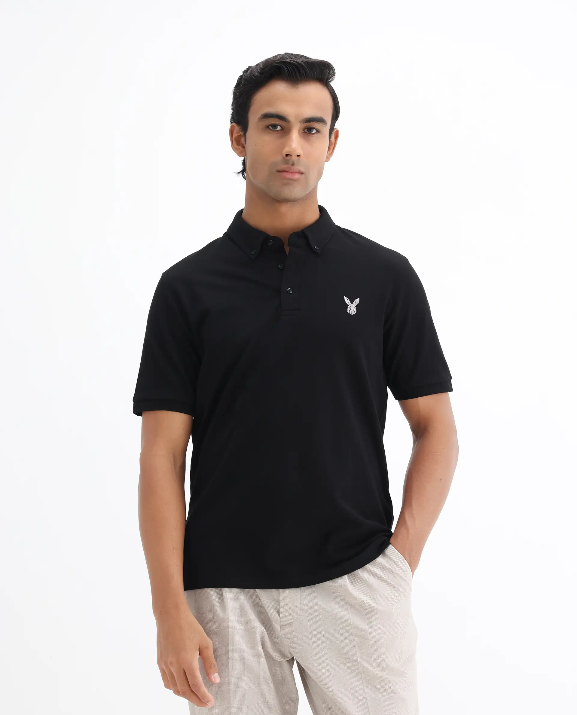 Rare Rabbit Men's Face Black Cotton Embroidered Regular Fit Half Sleeve Polo - Image 7