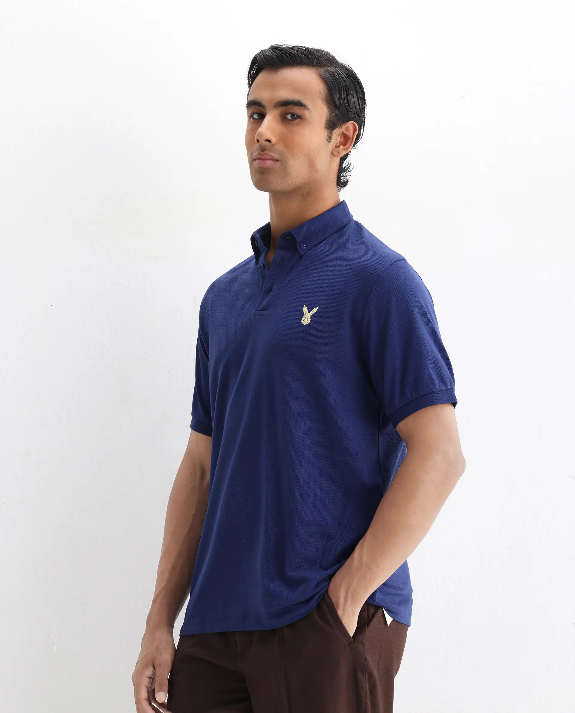 Rare Rabbit Men's Face Blue Cotton Embroidered Regular Fit Half Sleeve Polo - Image 4