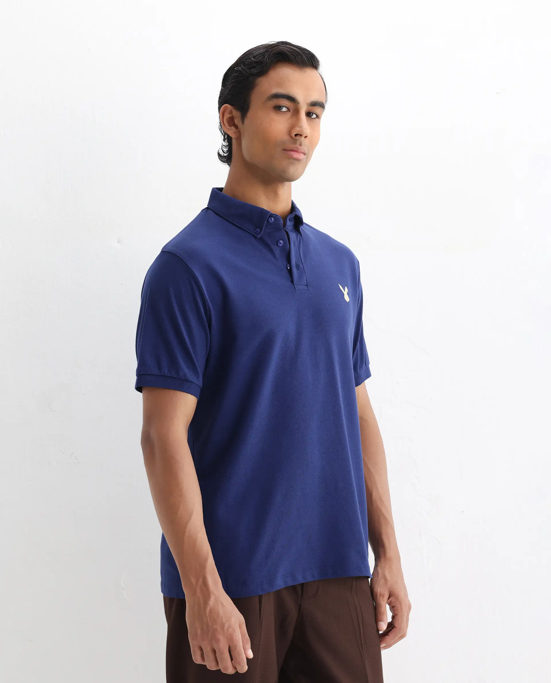 Rare Rabbit Men's Face Blue Cotton Embroidered Regular Fit Half Sleeve Polo - Image 5