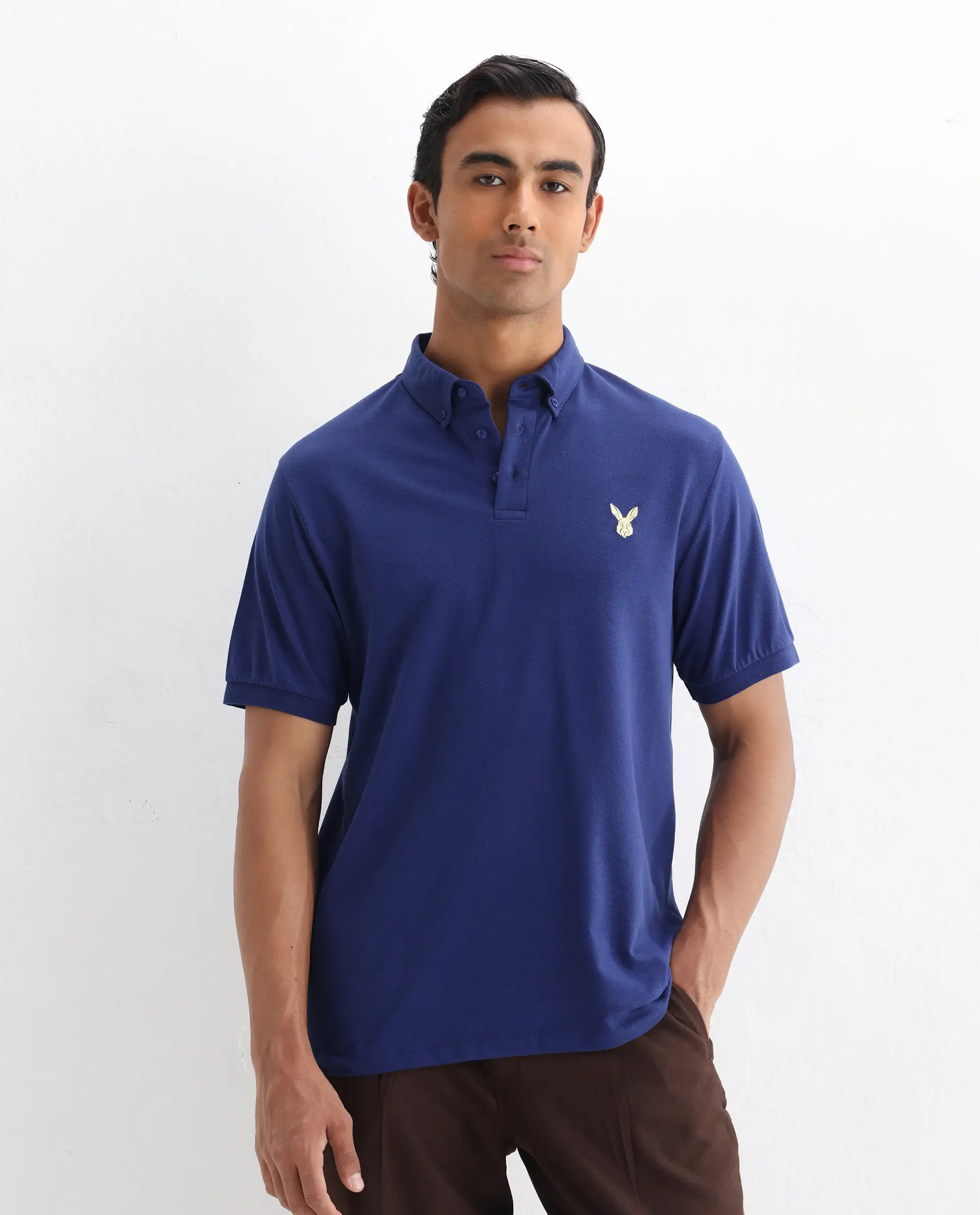 Rare Rabbit Men's Face Blue Cotton Embroidered Regular Fit Half Sleeve Polo - Image 6