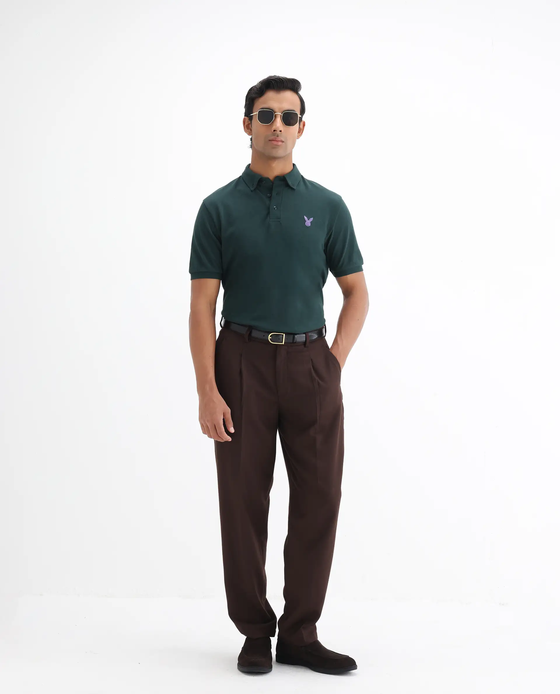 Rare Rabbit Men's Face Dark Green Cotton Embroidered Regular Fit Half Sleeve Polo - Image 2