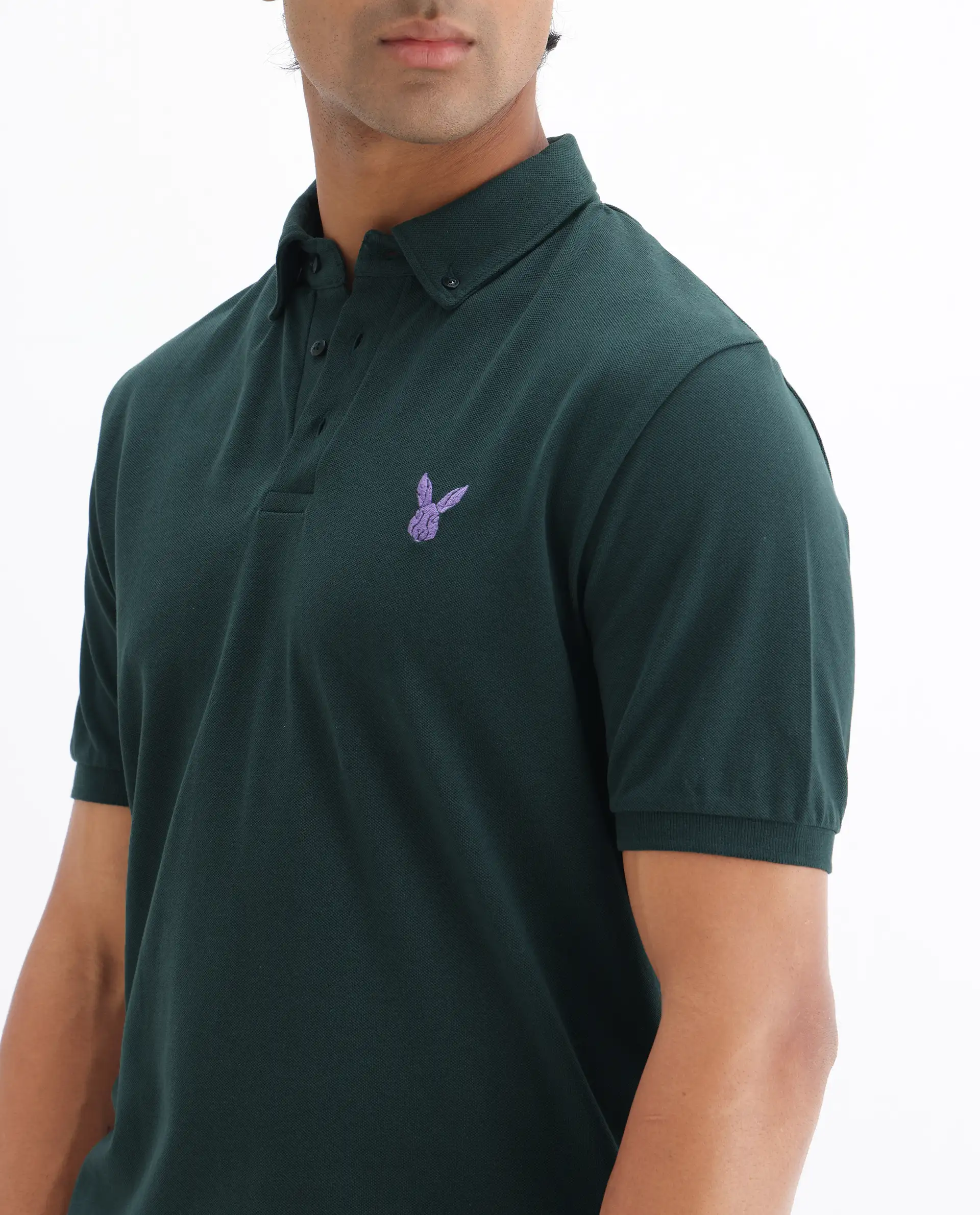 Rare Rabbit Men's Face Dark Green Cotton Embroidered Regular Fit Half Sleeve Polo - Image 3