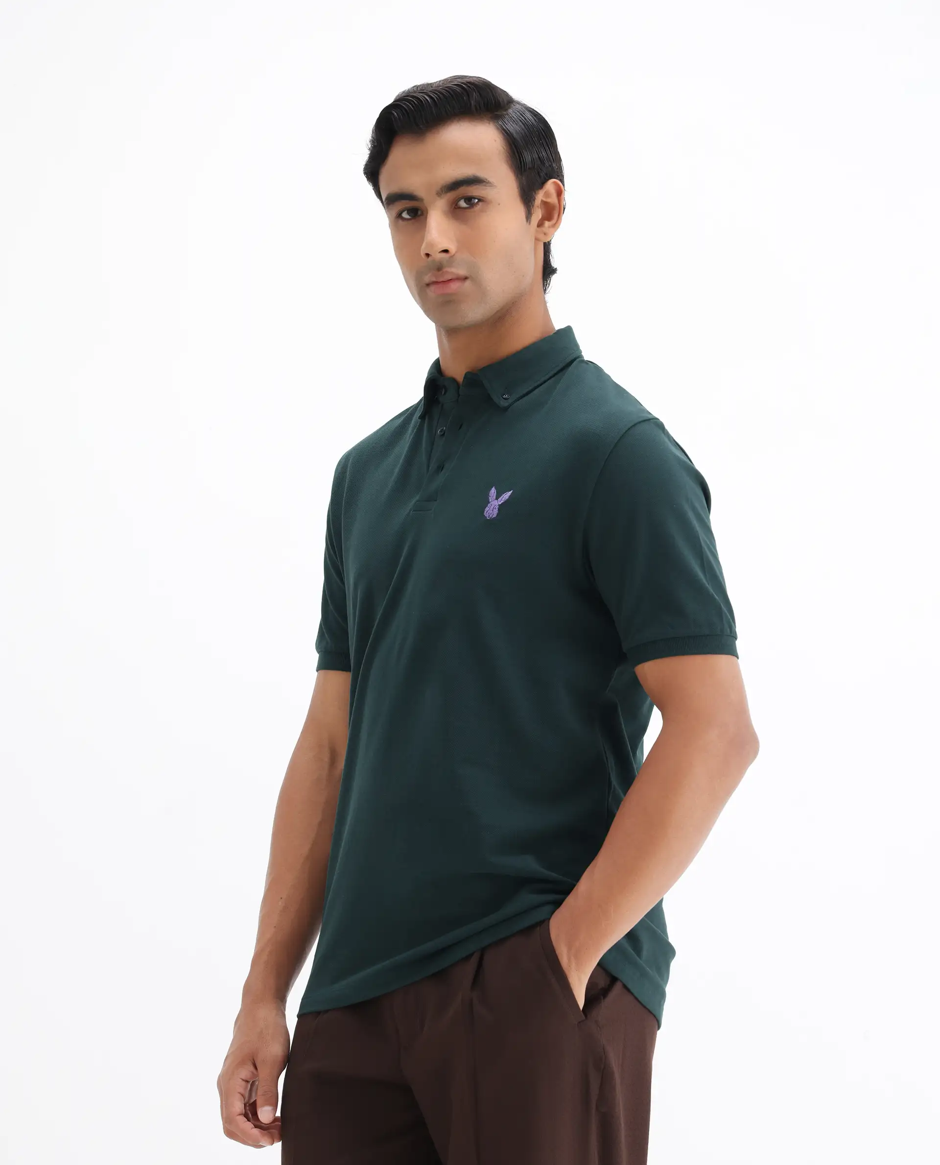 Rare Rabbit Men's Face Dark Green Cotton Embroidered Regular Fit Half Sleeve Polo - Image 4