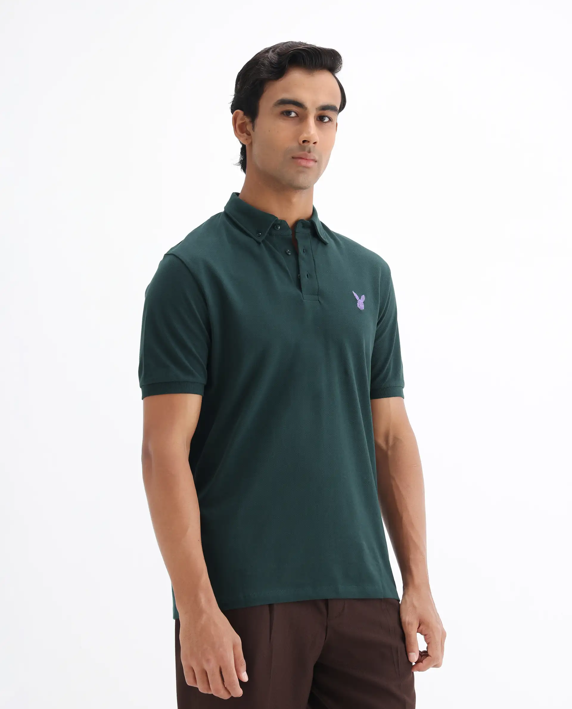 Rare Rabbit Men's Face Dark Green Cotton Embroidered Regular Fit Half Sleeve Polo - Image 5