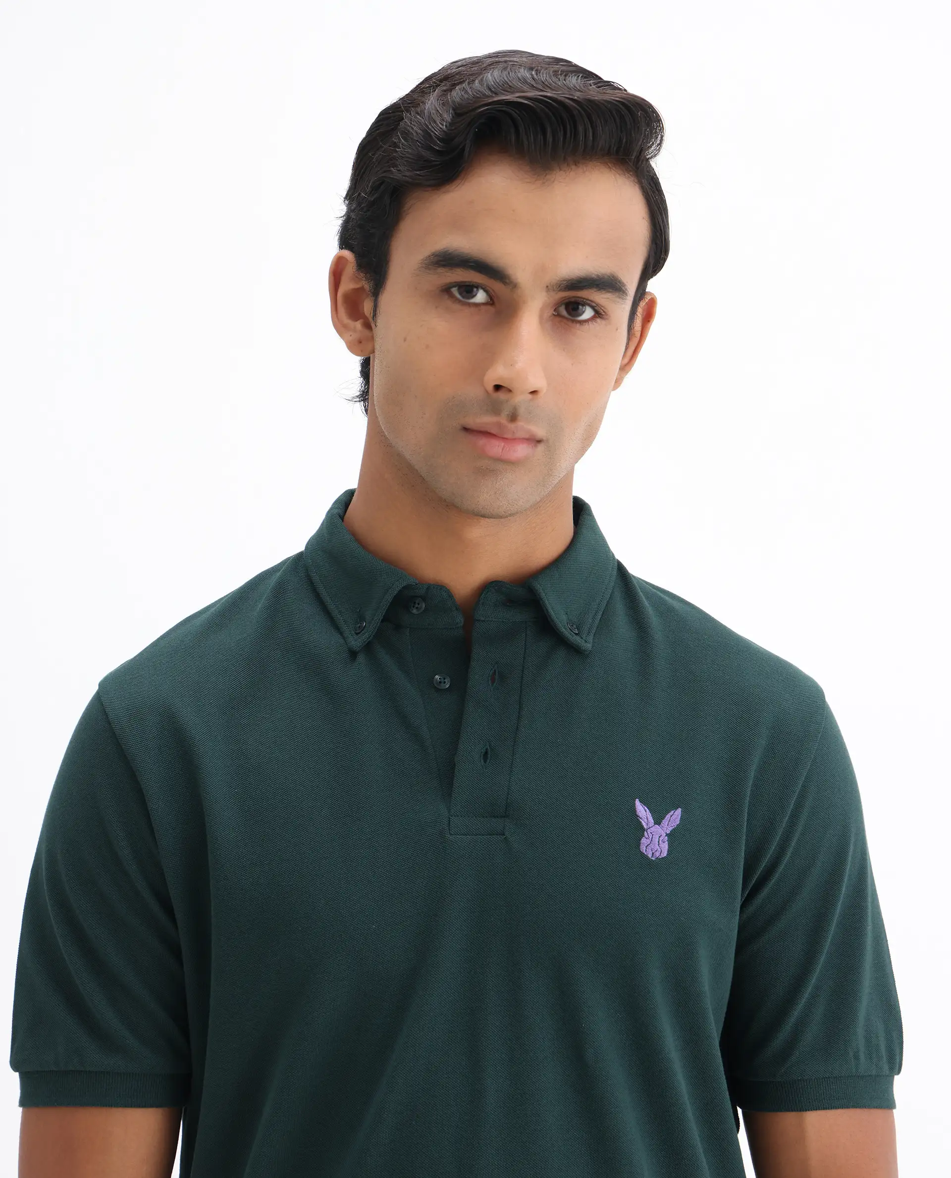 Rare Rabbit Men's Face Dark Green Cotton Embroidered Regular Fit Half Sleeve Polo - Image 6