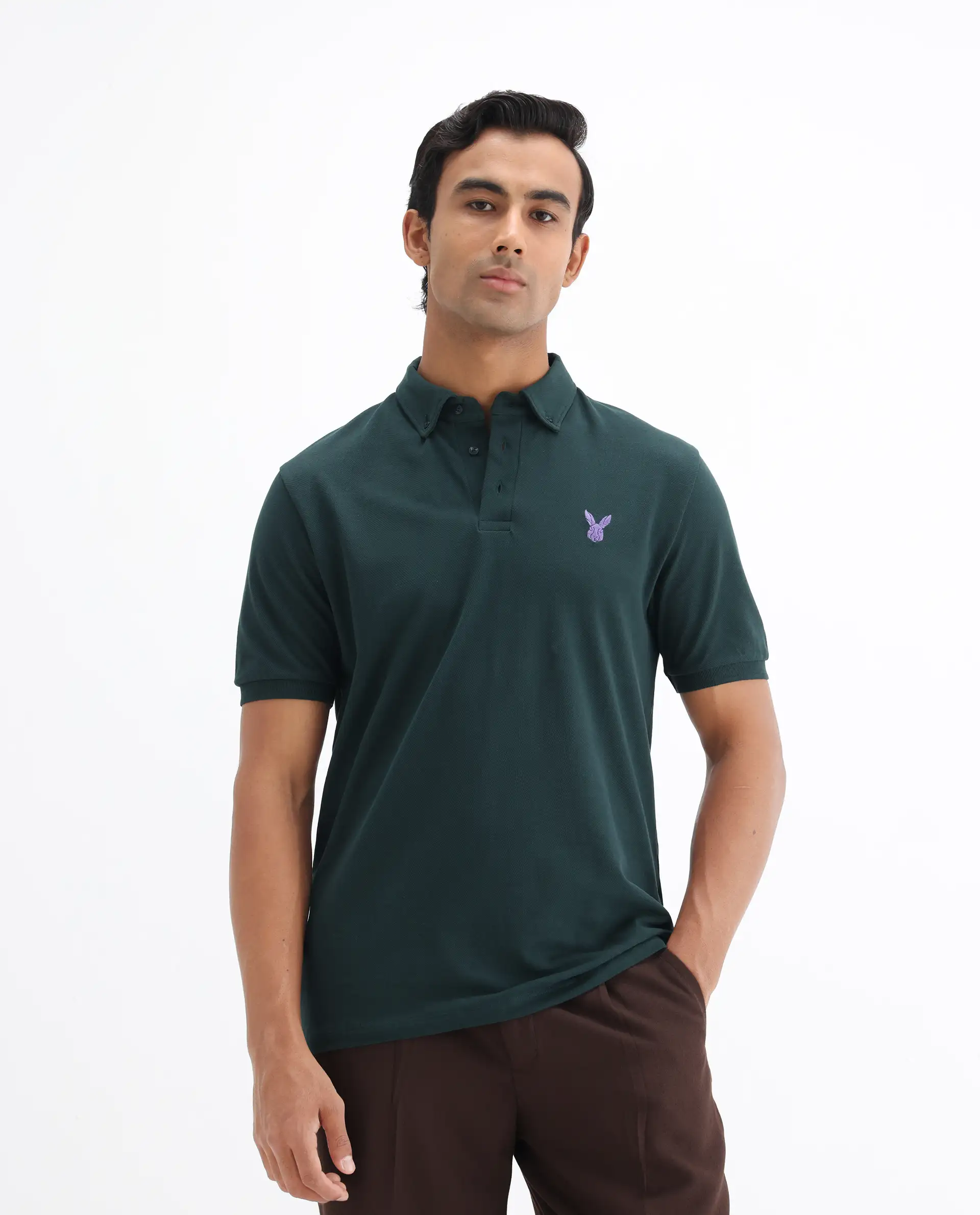 Rare Rabbit Men's Face Dark Green Cotton Embroidered Regular Fit Half Sleeve Polo - Image 7