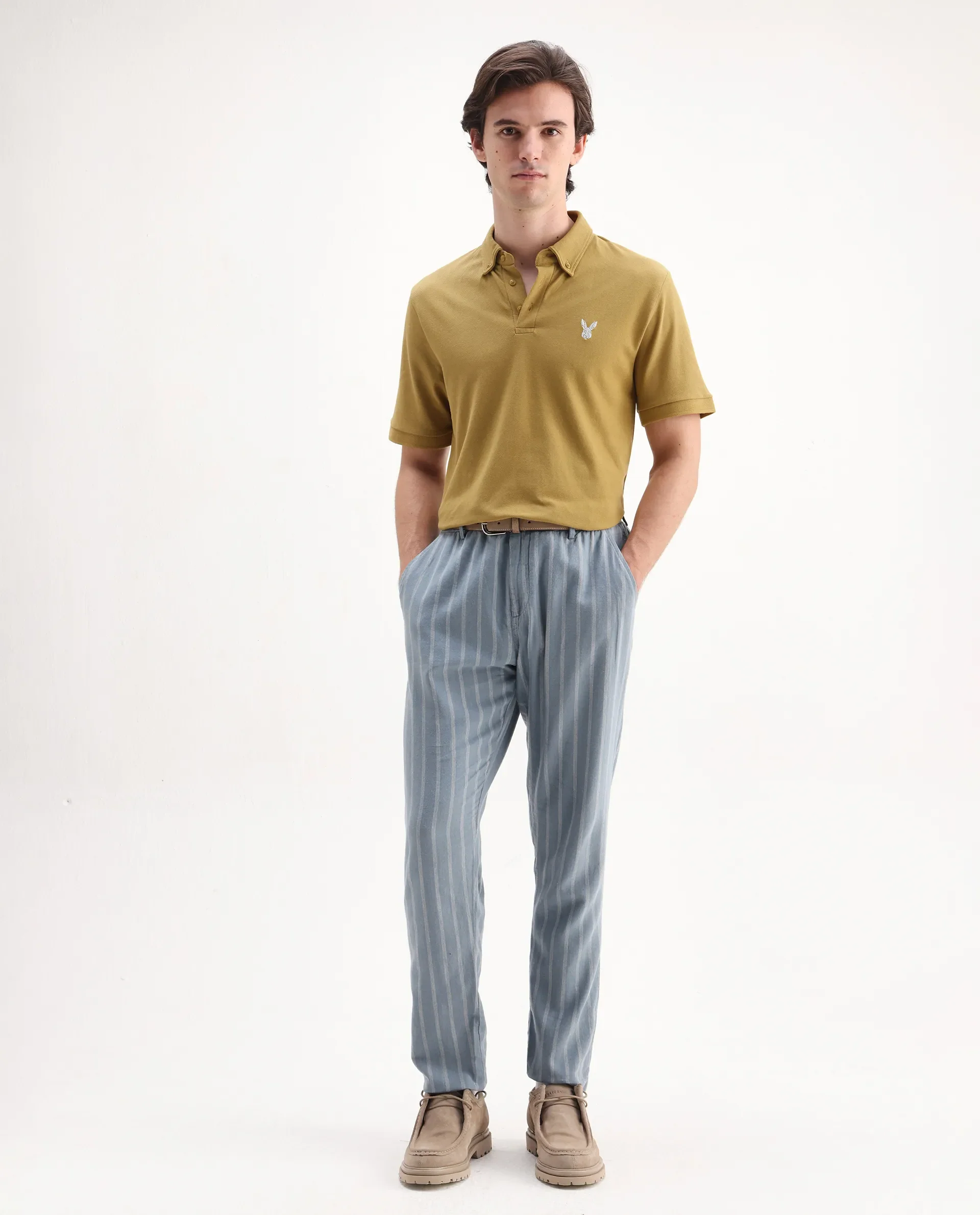 Rare Rabbit Men's Face Dusky Yellow Cotton Embroidered Regular Fit Half Sleeve Polo - Image 2