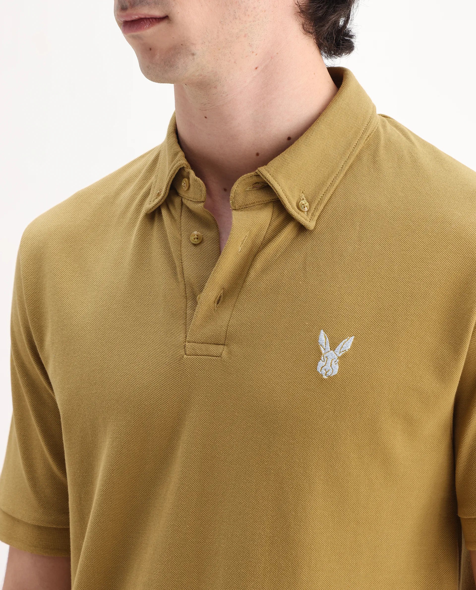 Rare Rabbit Men's Face Dusky Yellow Cotton Embroidered Regular Fit Half Sleeve Polo - Image 3