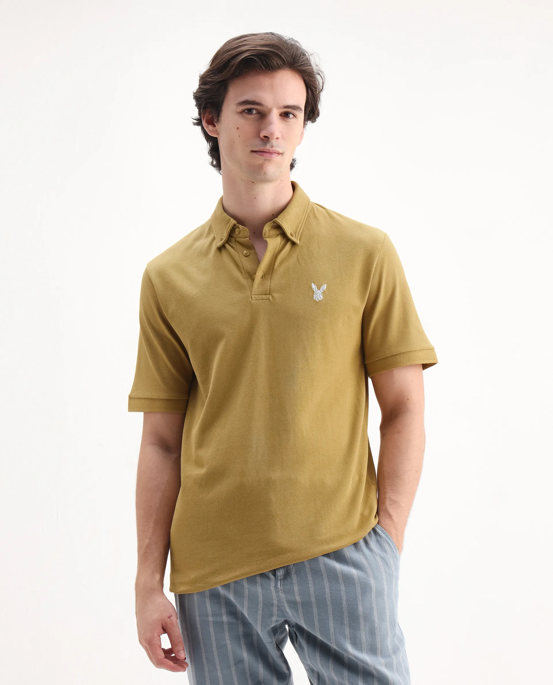 Rare Rabbit Men's Face Dusky Yellow Cotton Embroidered Regular Fit Half Sleeve Polo - Image 4