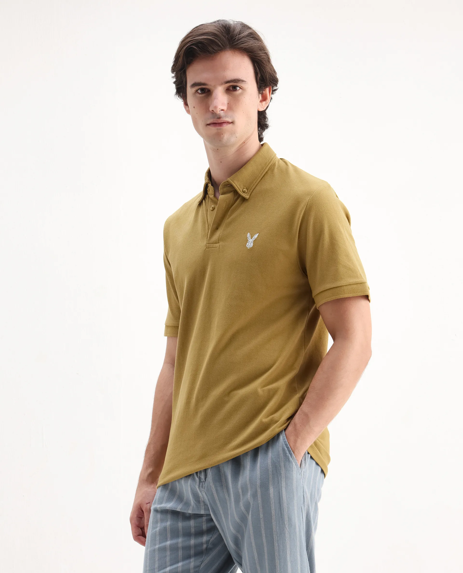 Rare Rabbit Men's Face Dusky Yellow Cotton Embroidered Regular Fit Half Sleeve Polo - Image 5