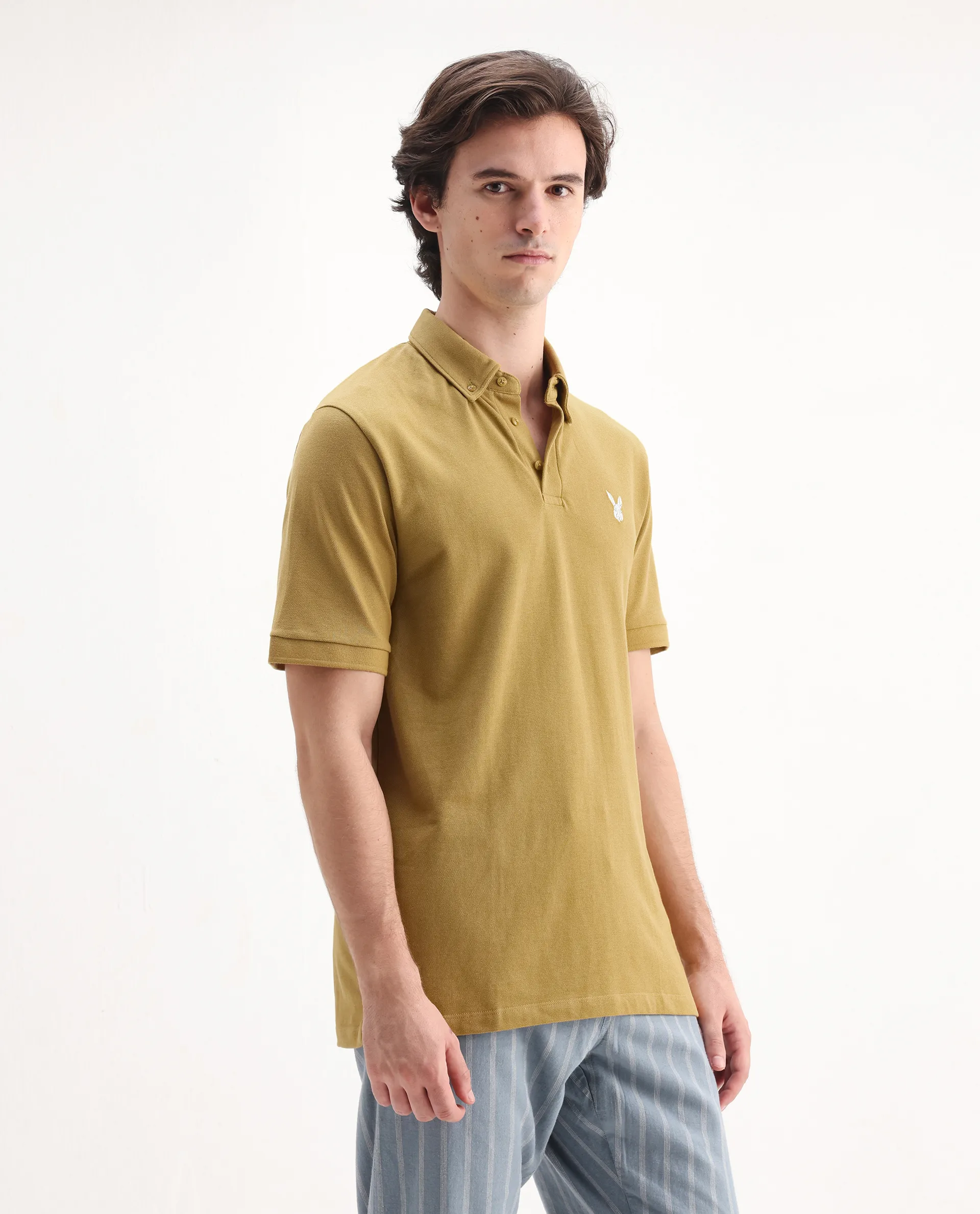 Rare Rabbit Men's Face Dusky Yellow Cotton Embroidered Regular Fit Half Sleeve Polo - Image 6