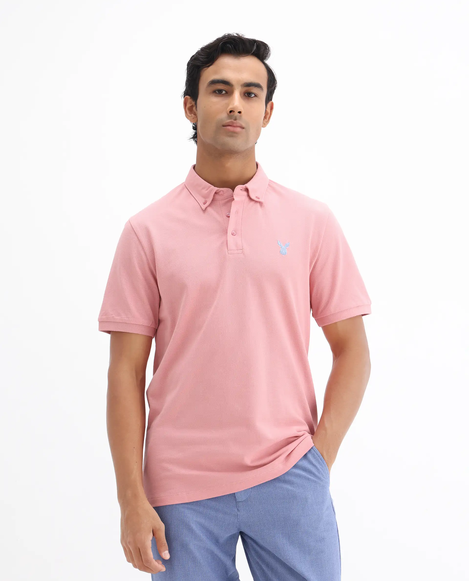 Rare Rabbit Men's Face Light Pink Cotton Embroidered Regular Fit Half Sleeve Polo - Image 4