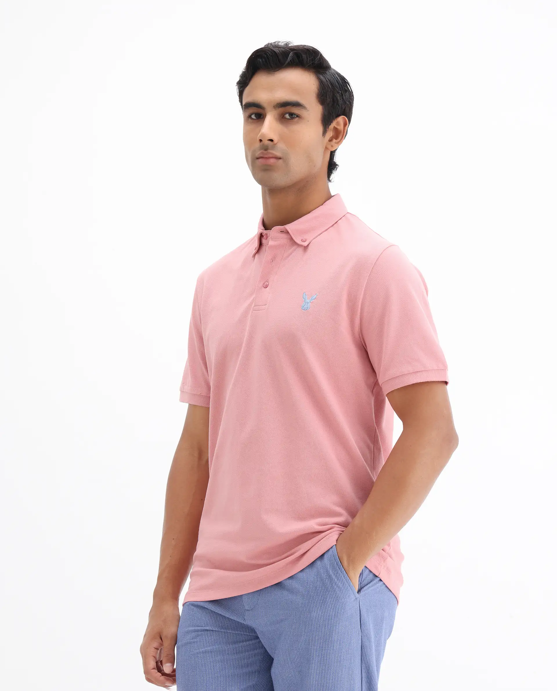 Rare Rabbit Men's Face Light Pink Cotton Embroidered Regular Fit Half Sleeve Polo - Image 5