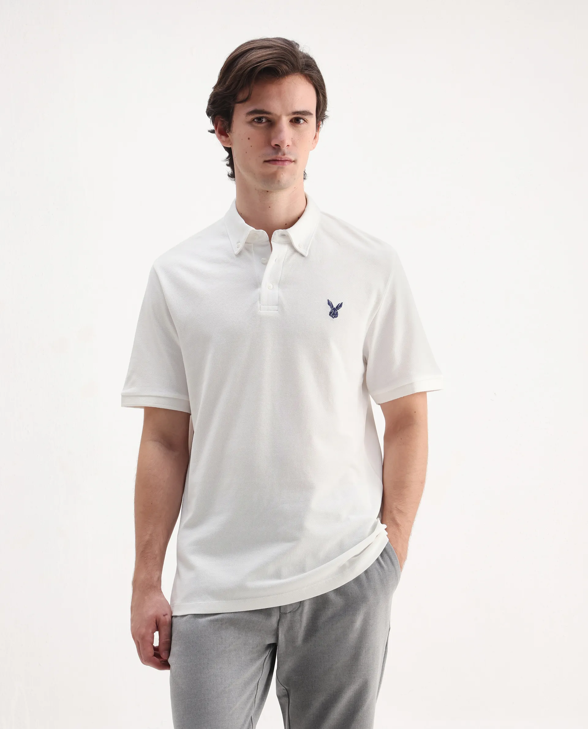 Rare Rabbit Men's Face White Cotton Embroidered Regular Fit Half Sleeve Polo - Image 4