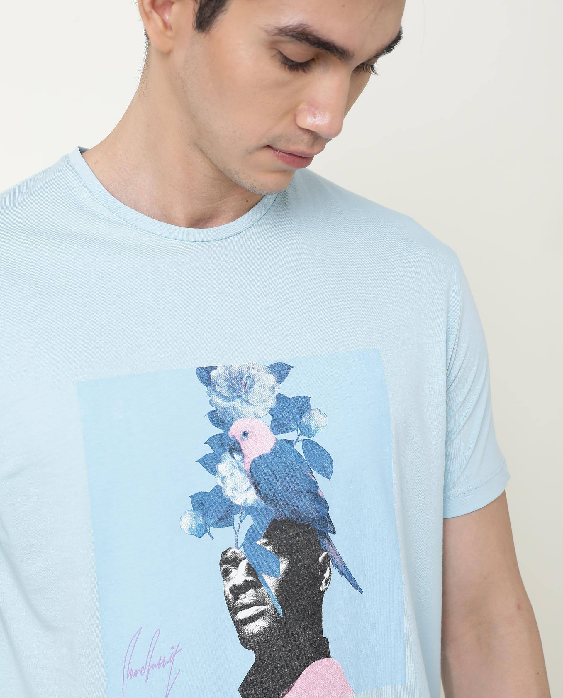 Rare Rabbit Men's Face Blue Cotton Graphic Print Slim Fit Half Sleeve Crew Neck T-Shirt
