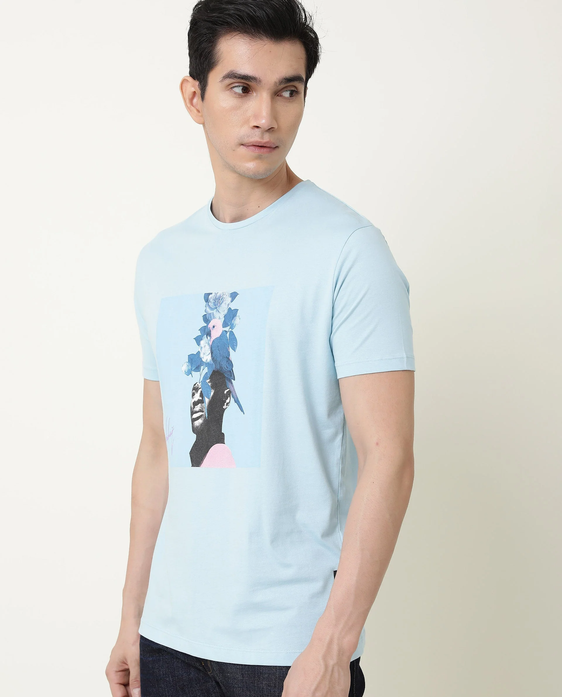 Rare Rabbit Men's Face Blue Cotton Graphic Print Slim Fit Half Sleeve Crew Neck T-Shirt - Image 2