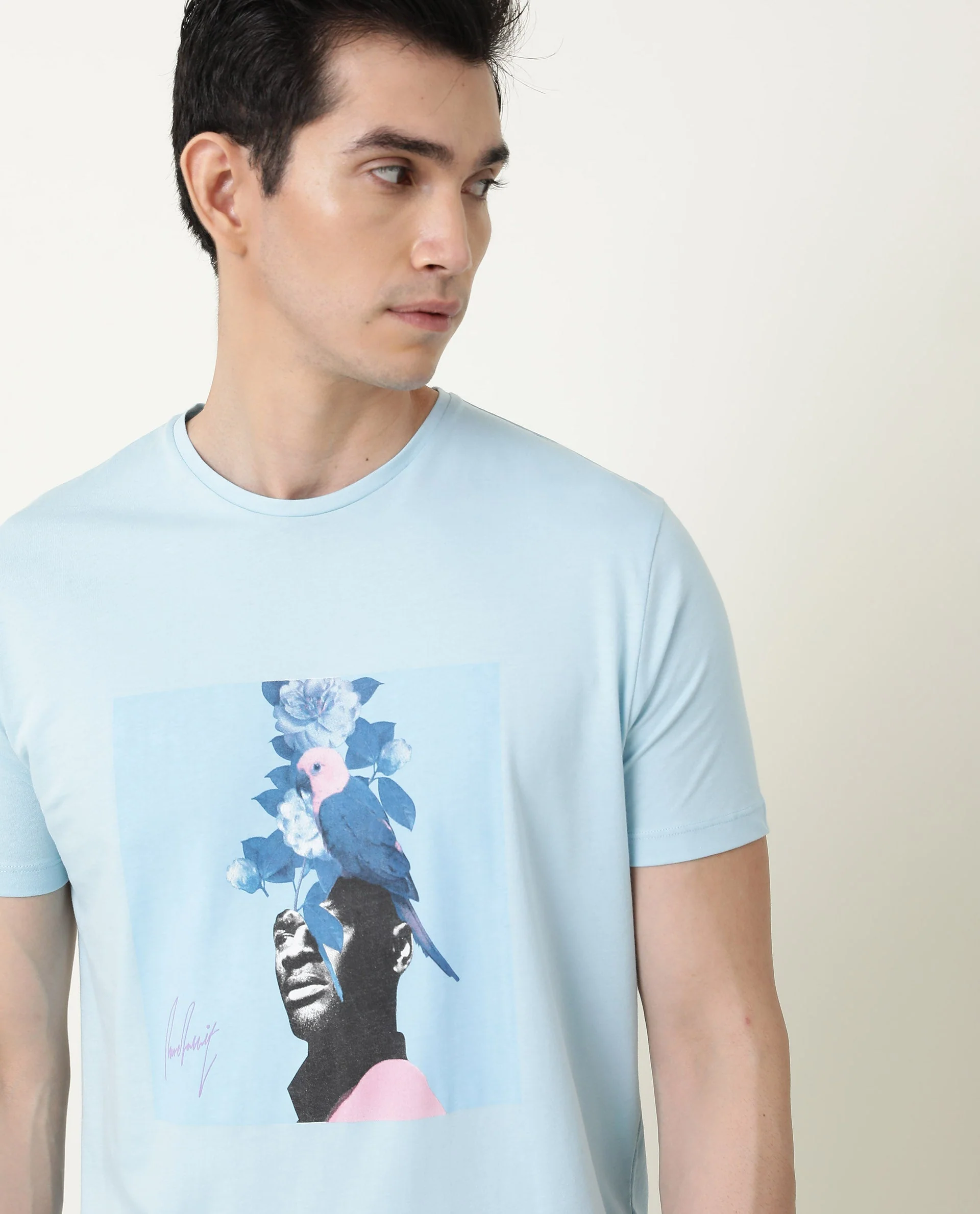 Rare Rabbit Men's Face Blue Cotton Graphic Print Slim Fit Half Sleeve Crew Neck T-Shirt - Image 3