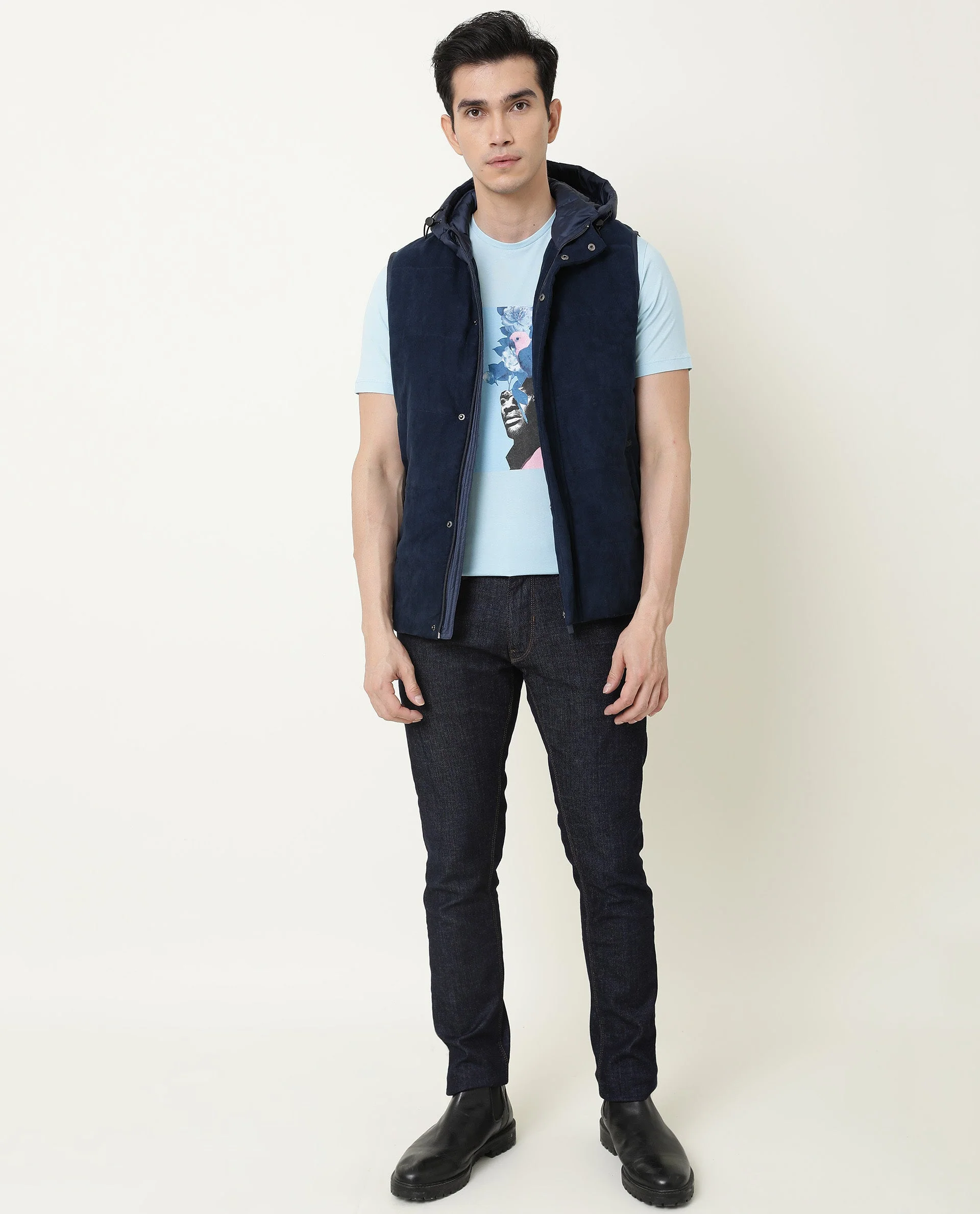 Rare Rabbit Men's Face Blue Cotton Graphic Print Slim Fit Half Sleeve Crew Neck T-Shirt - Image 6