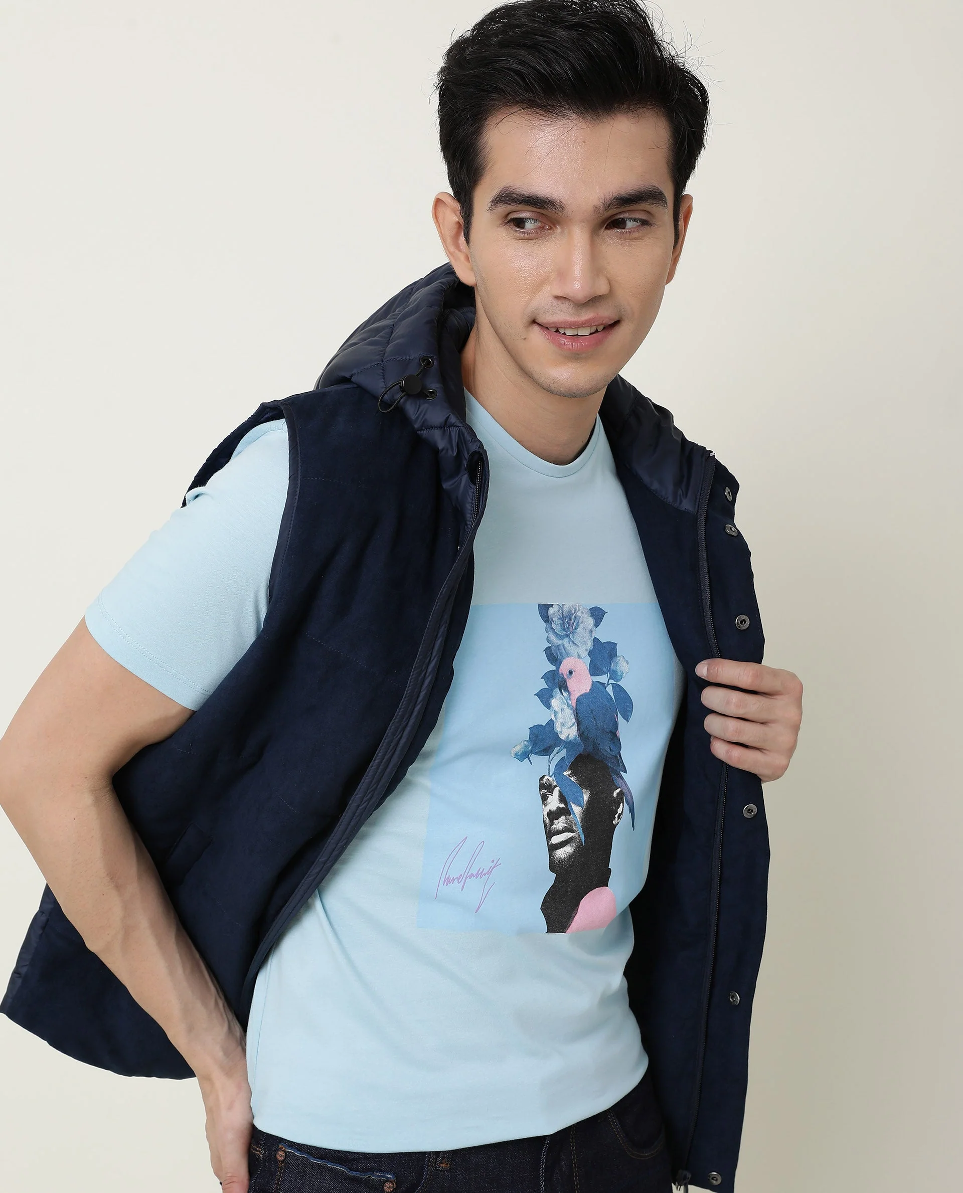 Rare Rabbit Men's Face Blue Cotton Graphic Print Slim Fit Half Sleeve Crew Neck T-Shirt - Image 7
