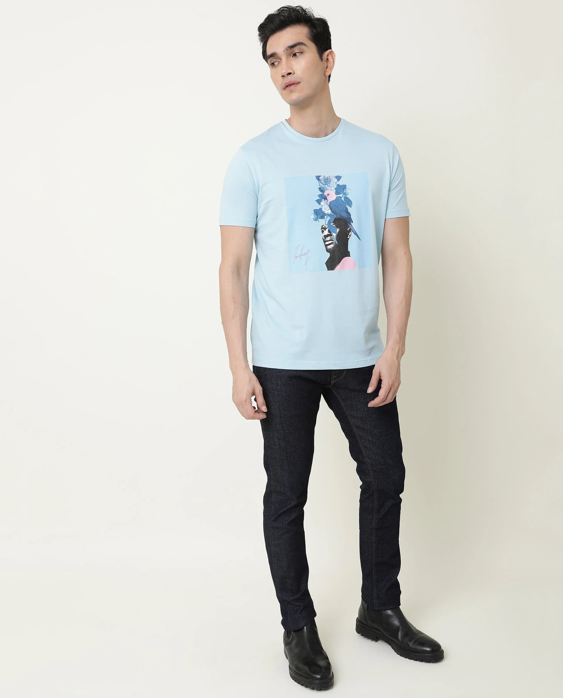 Rare Rabbit Men's Face Blue Cotton Graphic Print Slim Fit Half Sleeve Crew Neck T-Shirt - Image 8