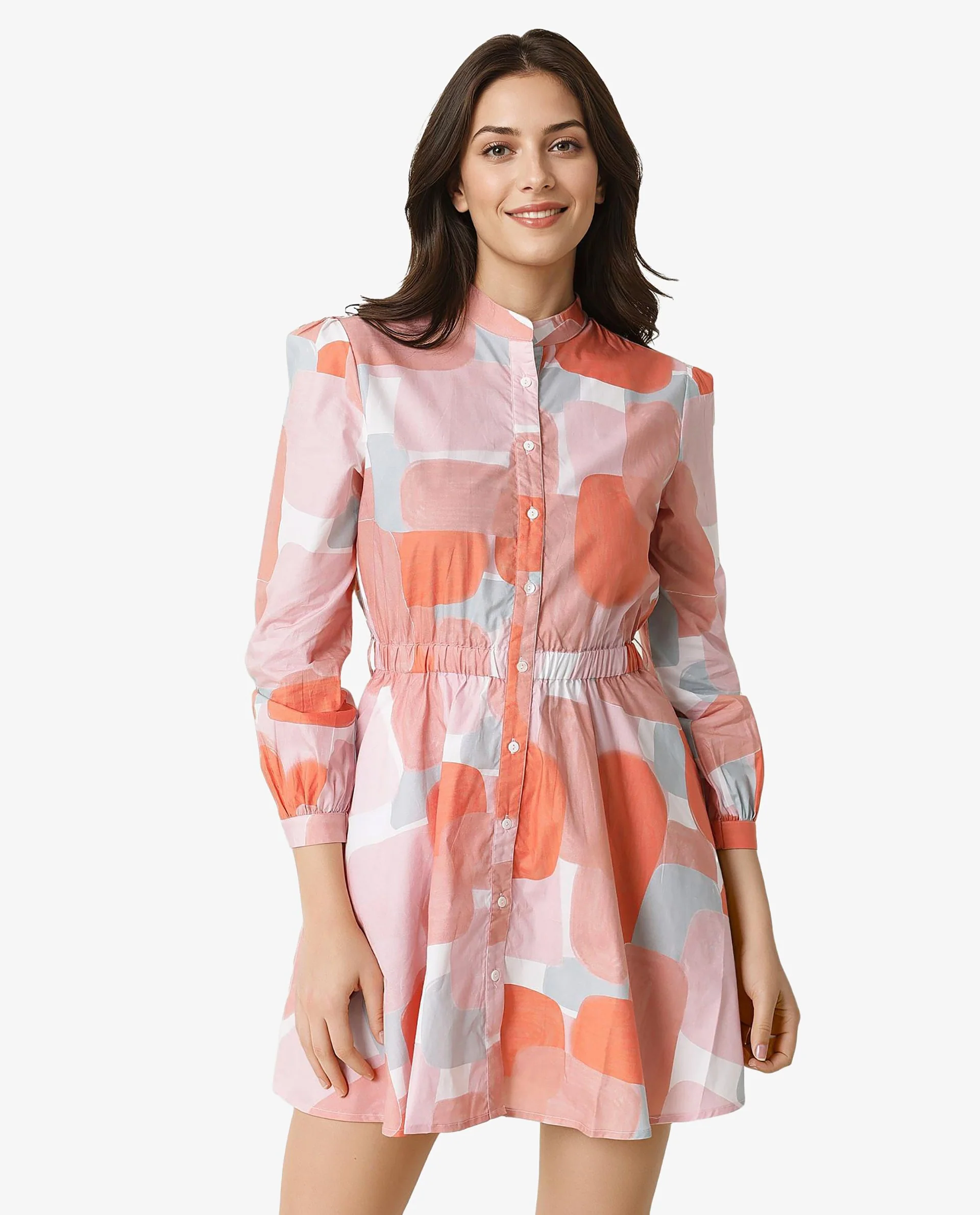 Rareism Women Faces Peach Abstract Print Mandarin Collar Full Sleeves With Front Full Button Placket And Pockets Mini Dress