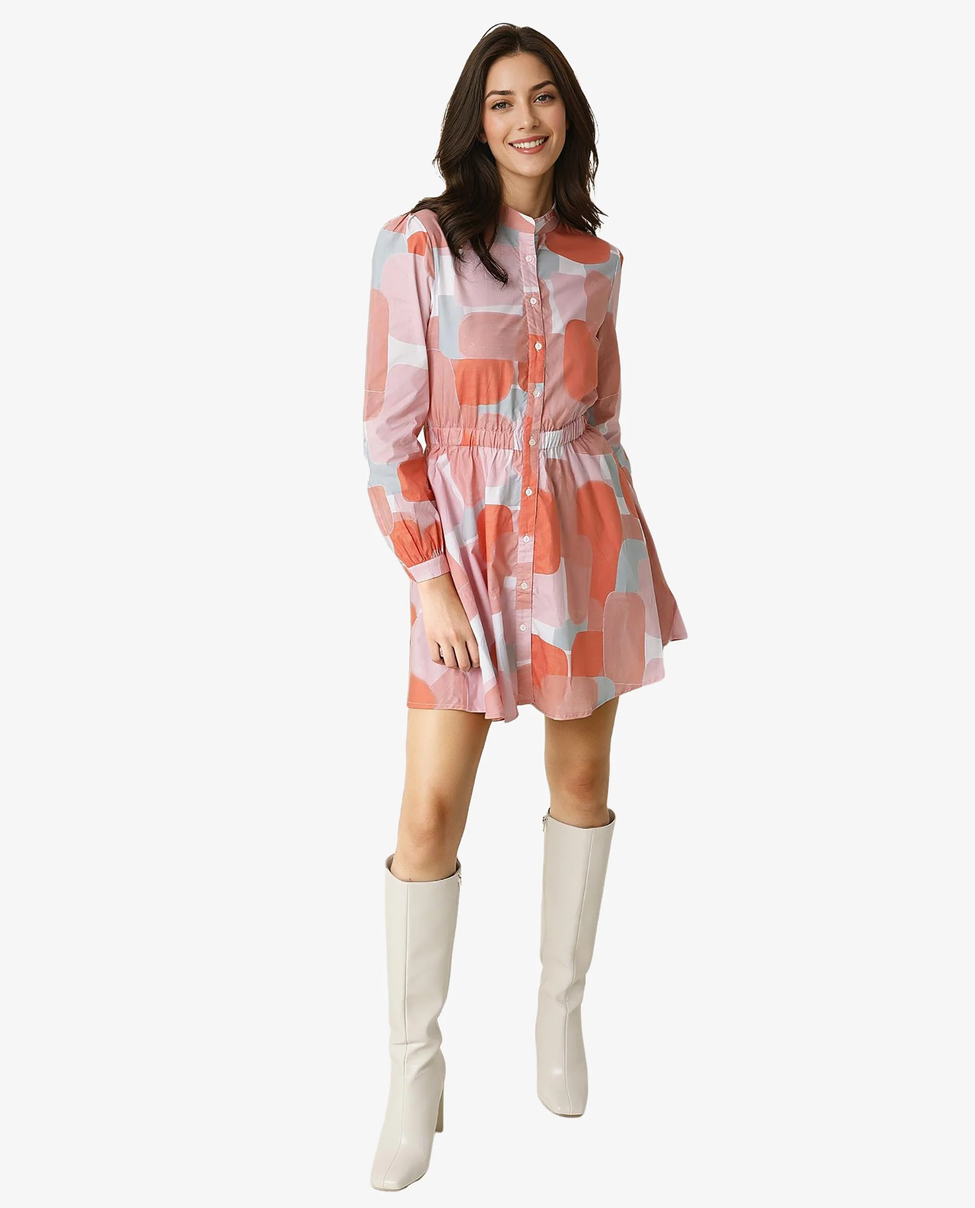 Rareism Women Faces Peach Abstract Print Mandarin Collar Full Sleeves With Front Full Button Placket And Pockets Mini Dress - Image 2