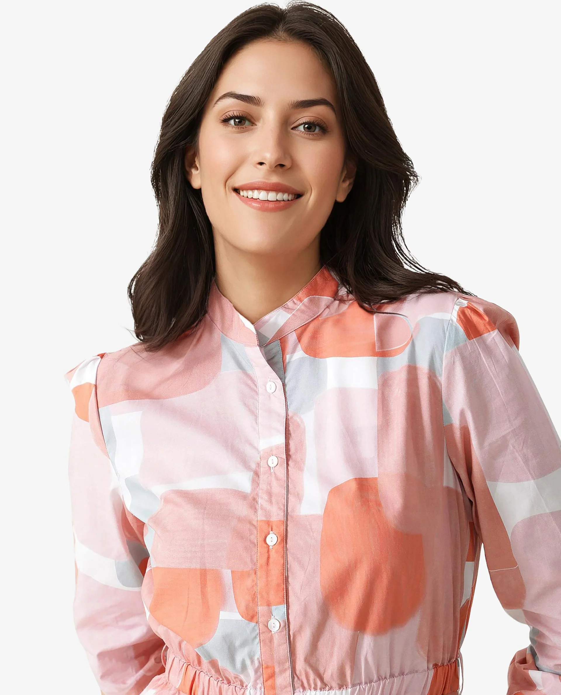 Rareism Women Faces Peach Abstract Print Mandarin Collar Full Sleeves With Front Full Button Placket And Pockets Mini Dress - Image 3