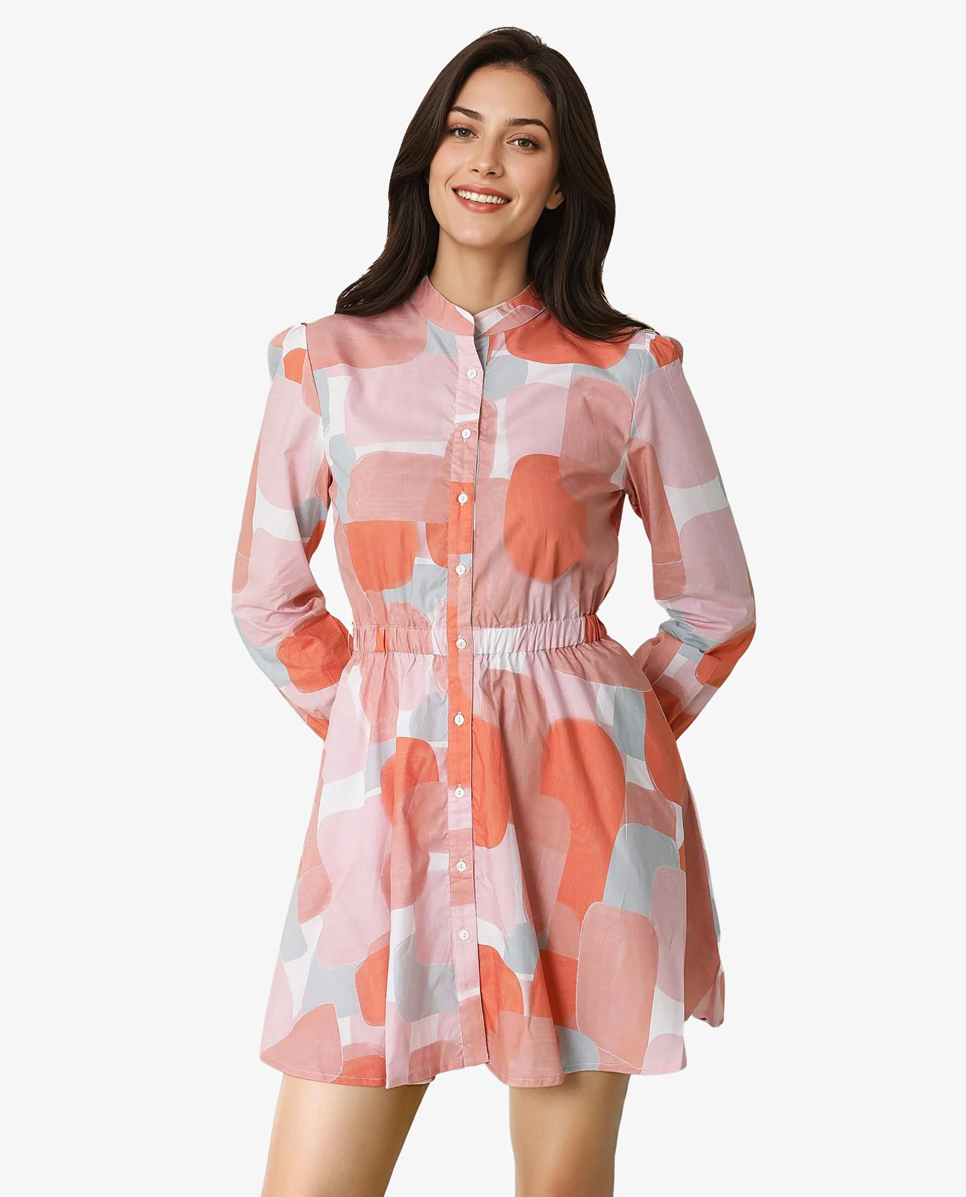 Rareism Women Faces Peach Abstract Print Mandarin Collar Full Sleeves With Front Full Button Placket And Pockets Mini Dress - Image 4