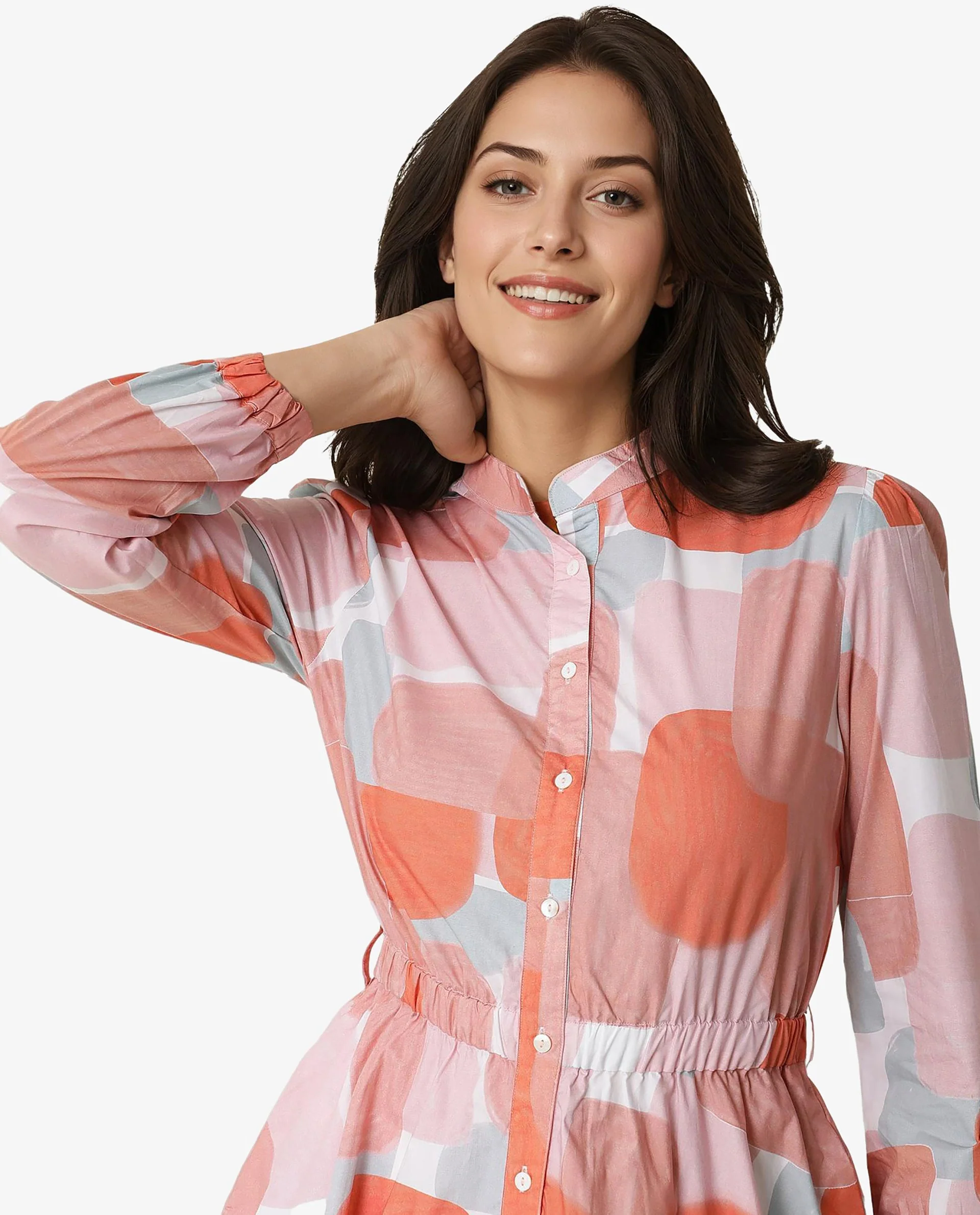 Rareism Women Faces Peach Abstract Print Mandarin Collar Full Sleeves With Front Full Button Placket And Pockets Mini Dress - Image 5