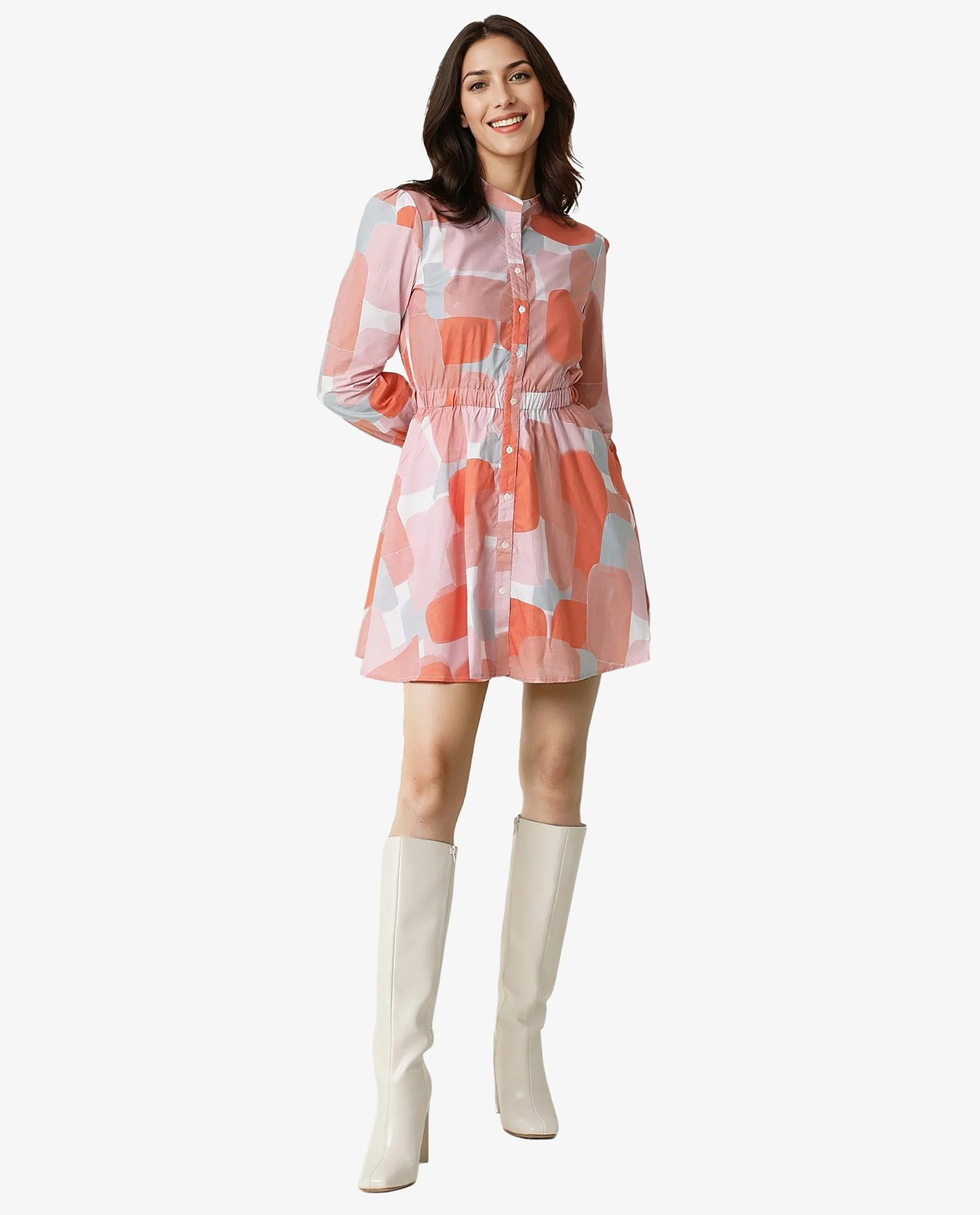 Rareism Women Faces Peach Abstract Print Mandarin Collar Full Sleeves With Front Full Button Placket And Pockets Mini Dress - Image 6
