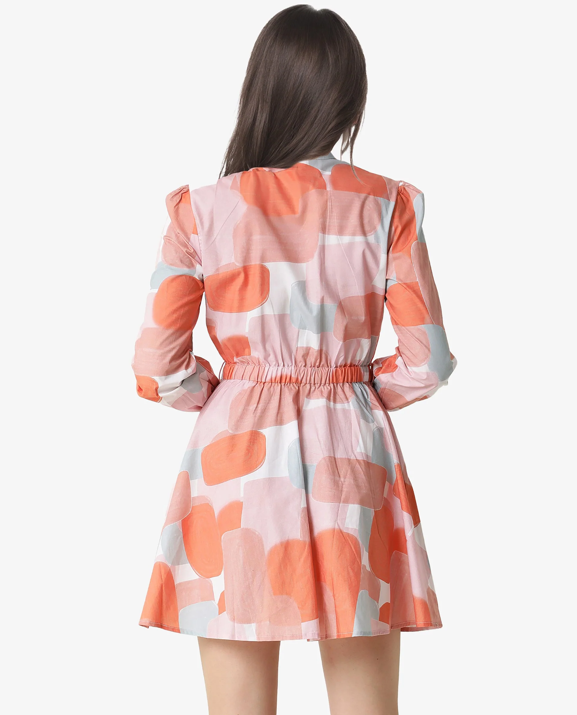 Rareism Women Faces Peach Abstract Print Mandarin Collar Full Sleeves With Front Full Button Placket And Pockets Mini Dress - Image 7