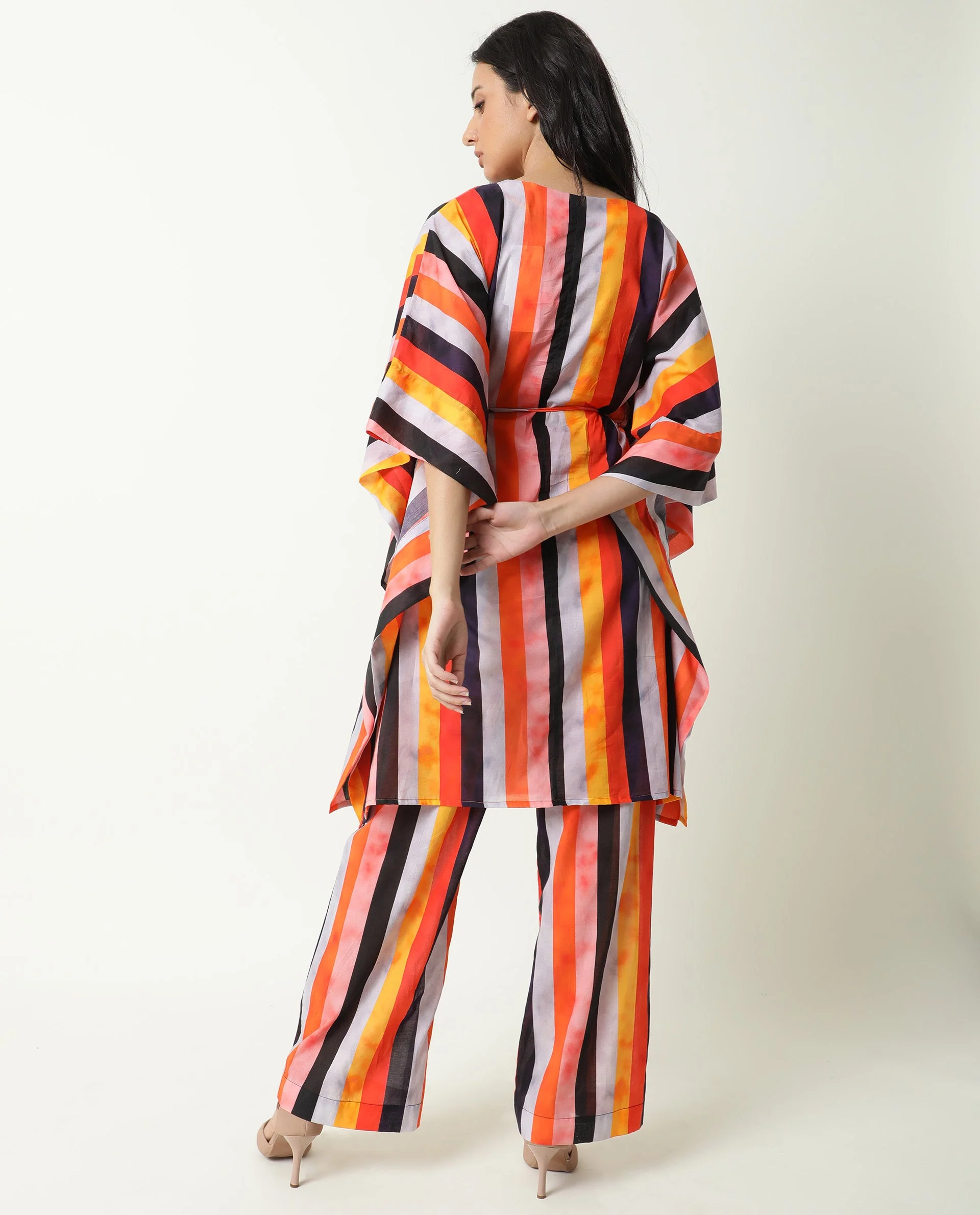 Rareism Women's Fact Multi V-Neck Striped Flared Sleeve Knee Length Relaxed Fit Dress - Image 10