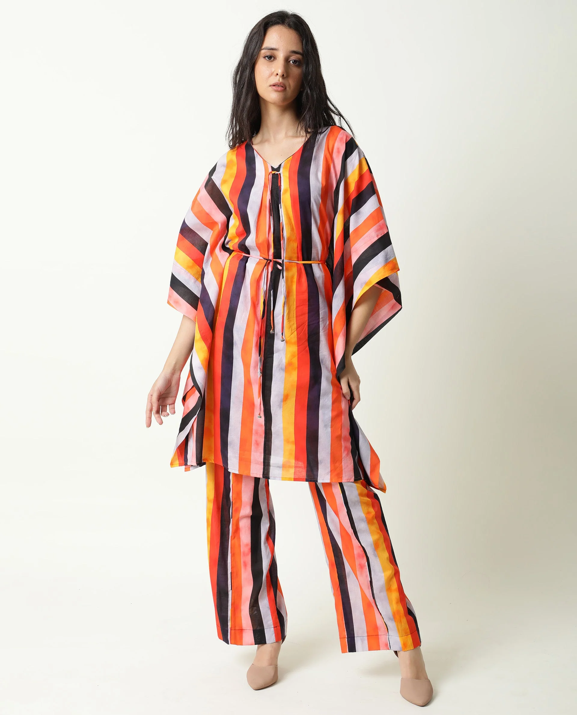 Rareism Women's Fact Multi V-Neck Striped Flared Sleeve Knee Length Relaxed Fit Dress - Image 2