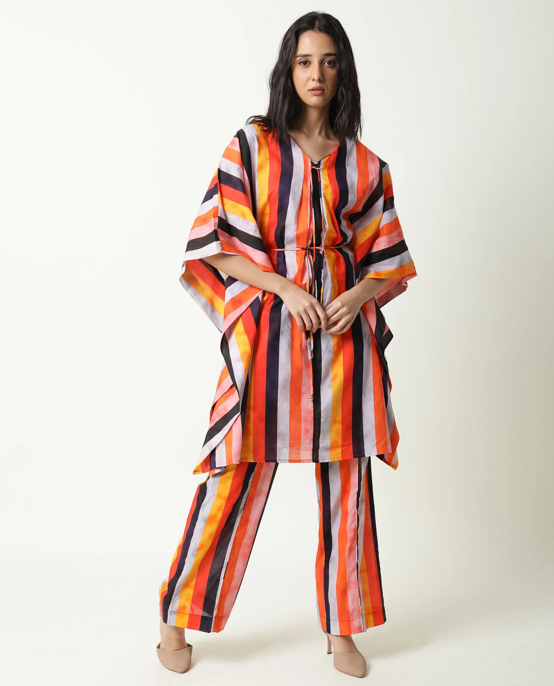 Rareism Women's Fact Multi V-Neck Striped Flared Sleeve Knee Length Relaxed Fit Dress - Image 4