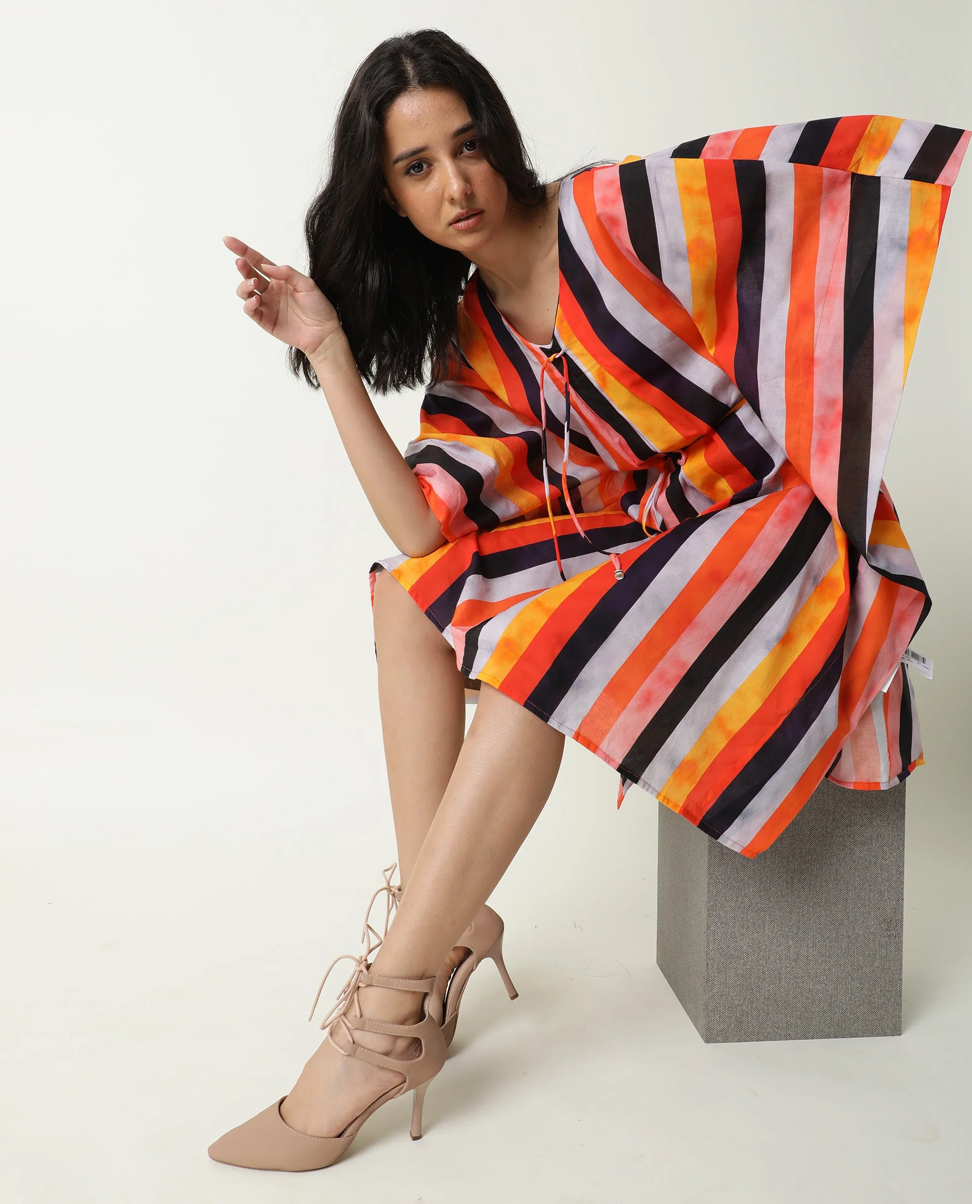 Rareism Women's Fact Multi V-Neck Striped Flared Sleeve Knee Length Relaxed Fit Dress - Image 5