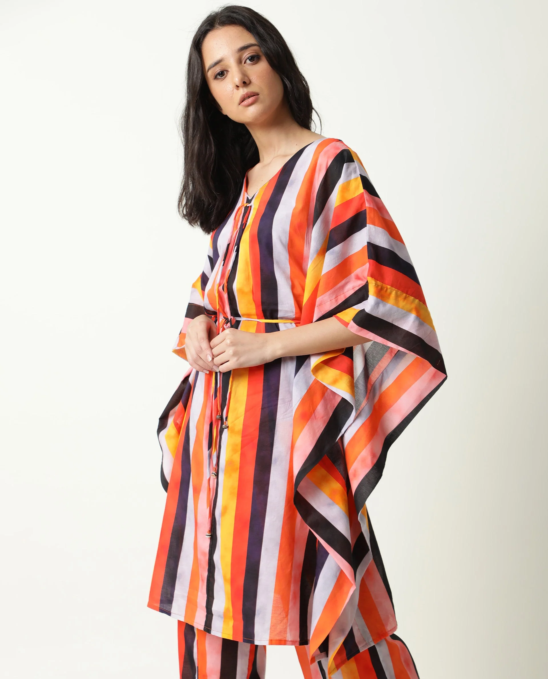 Rareism Women's Fact Multi V-Neck Striped Flared Sleeve Knee Length Relaxed Fit Dress - Image 6