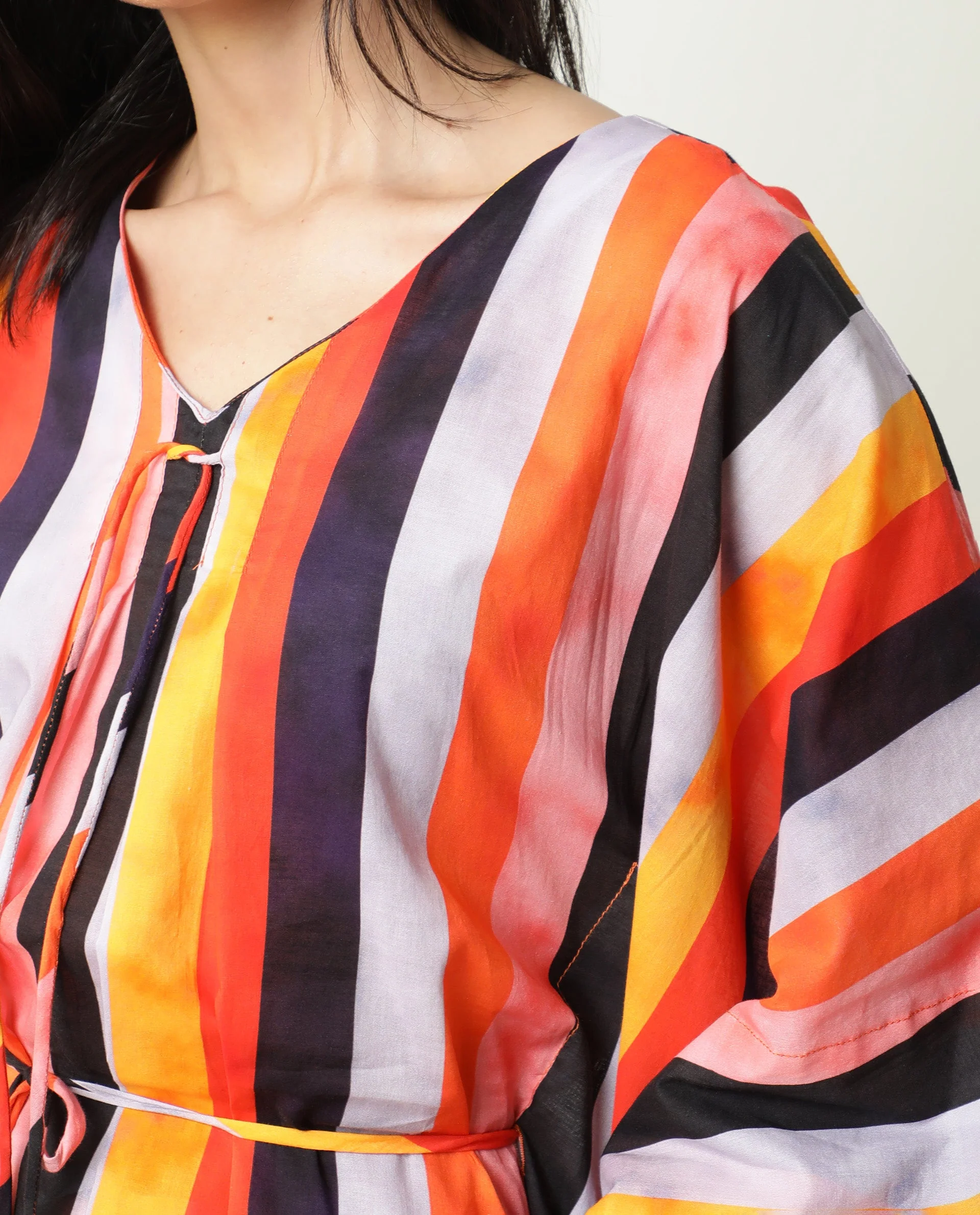 Rareism Women's Fact Multi V-Neck Striped Flared Sleeve Knee Length Relaxed Fit Dress - Image 7