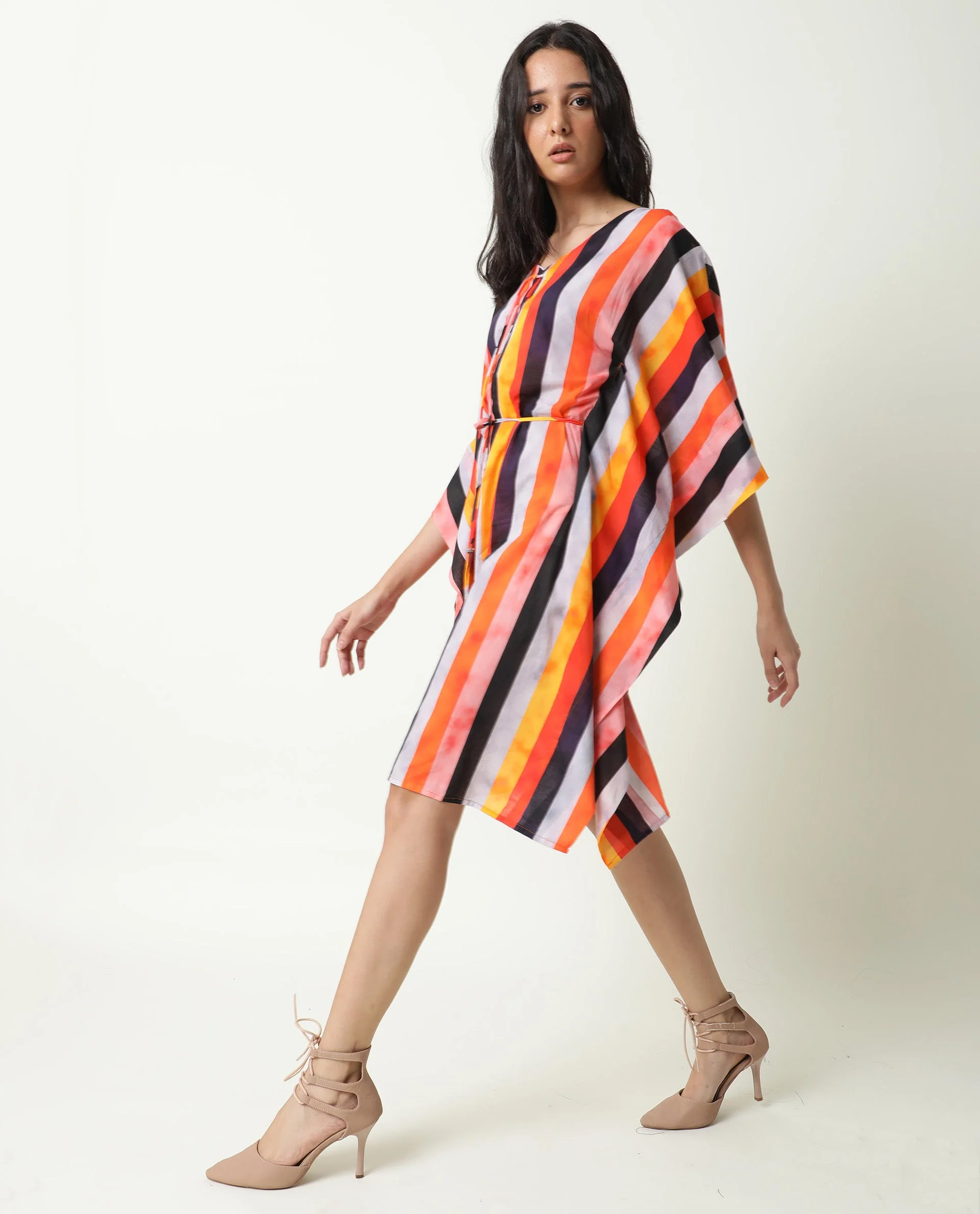Rareism Women's Fact Multi V-Neck Striped Flared Sleeve Knee Length Relaxed Fit Dress - Image 9