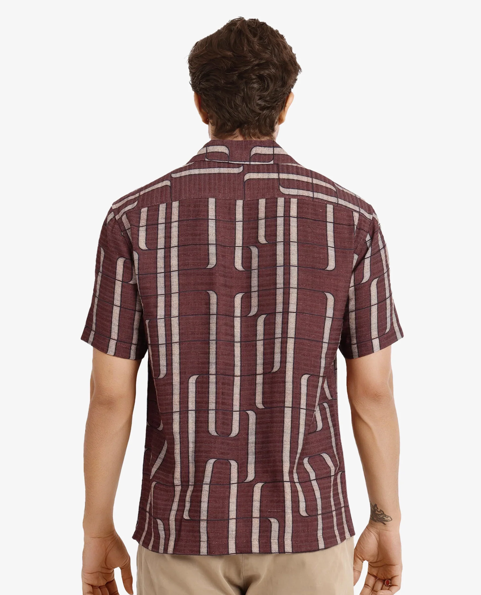 Rare Rabbit Men's Fad Brown Cotton Abstract Print Boxy Fit Half Sleeve Cuban Collar Shirt - Image 4
