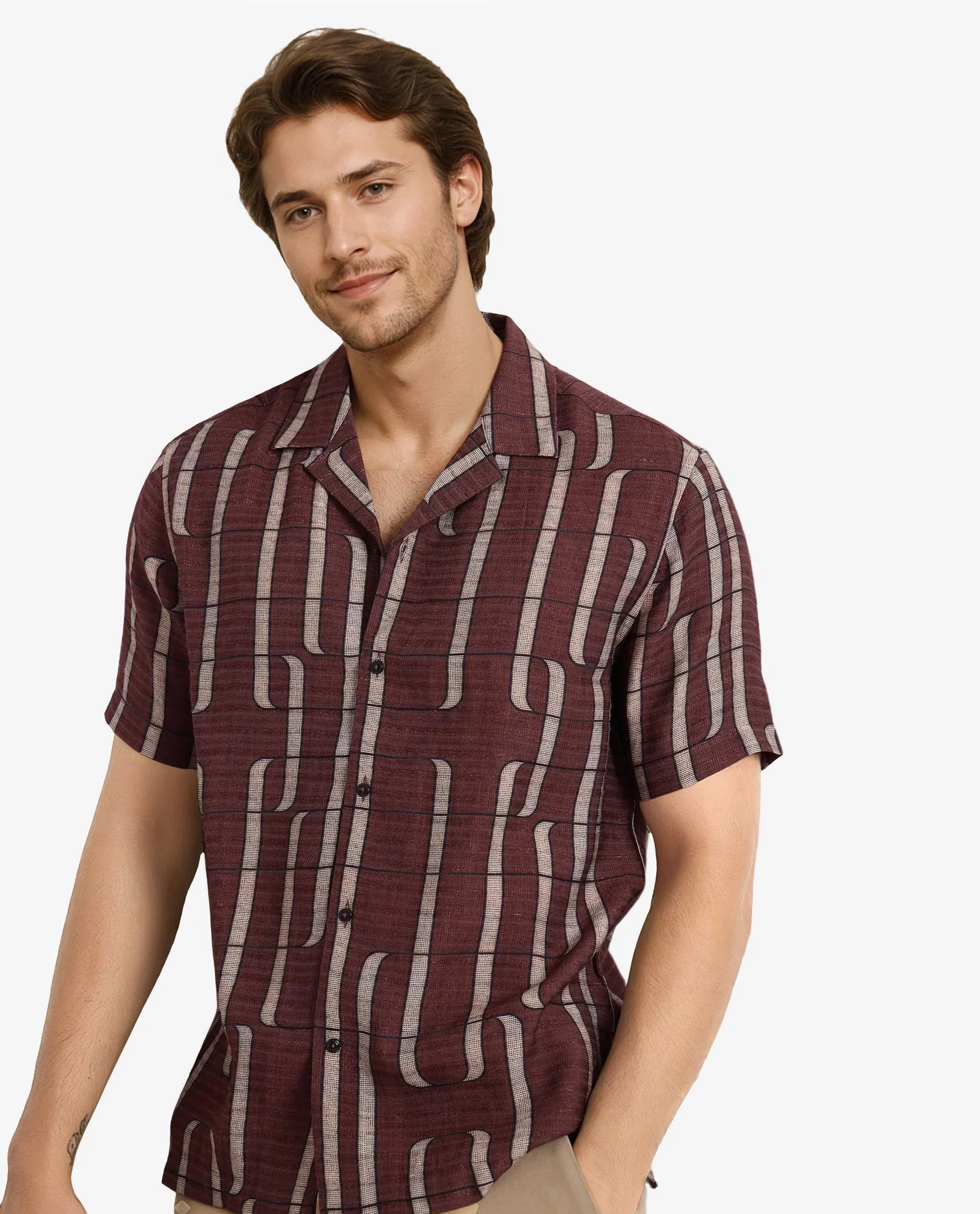 Rare Rabbit Men's Fad Brown Cotton Abstract Print Boxy Fit Half Sleeve Cuban Collar Shirt - Image 5
