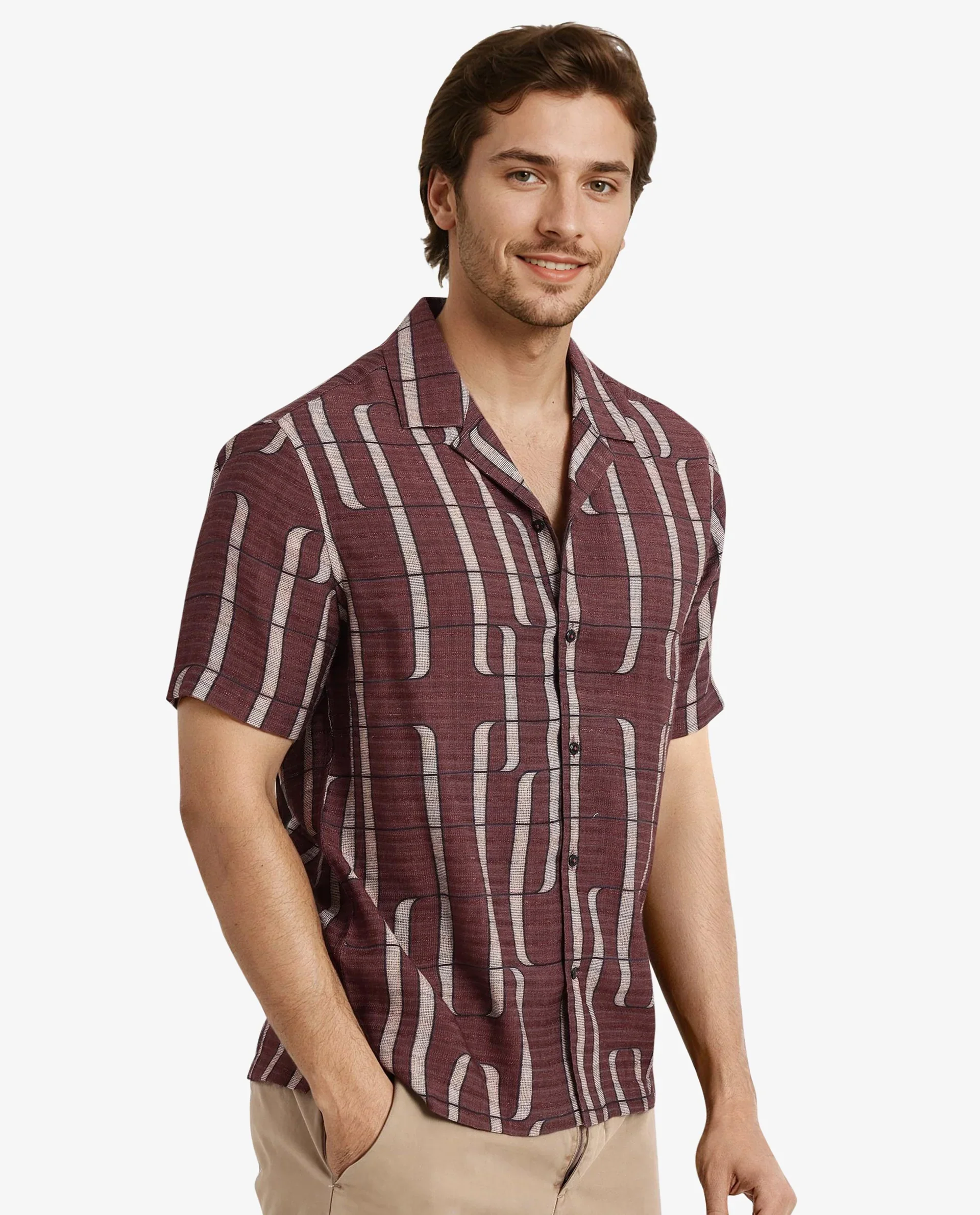 Rare Rabbit Men's Fad Brown Cotton Abstract Print Boxy Fit Half Sleeve Cuban Collar Shirt - Image 6
