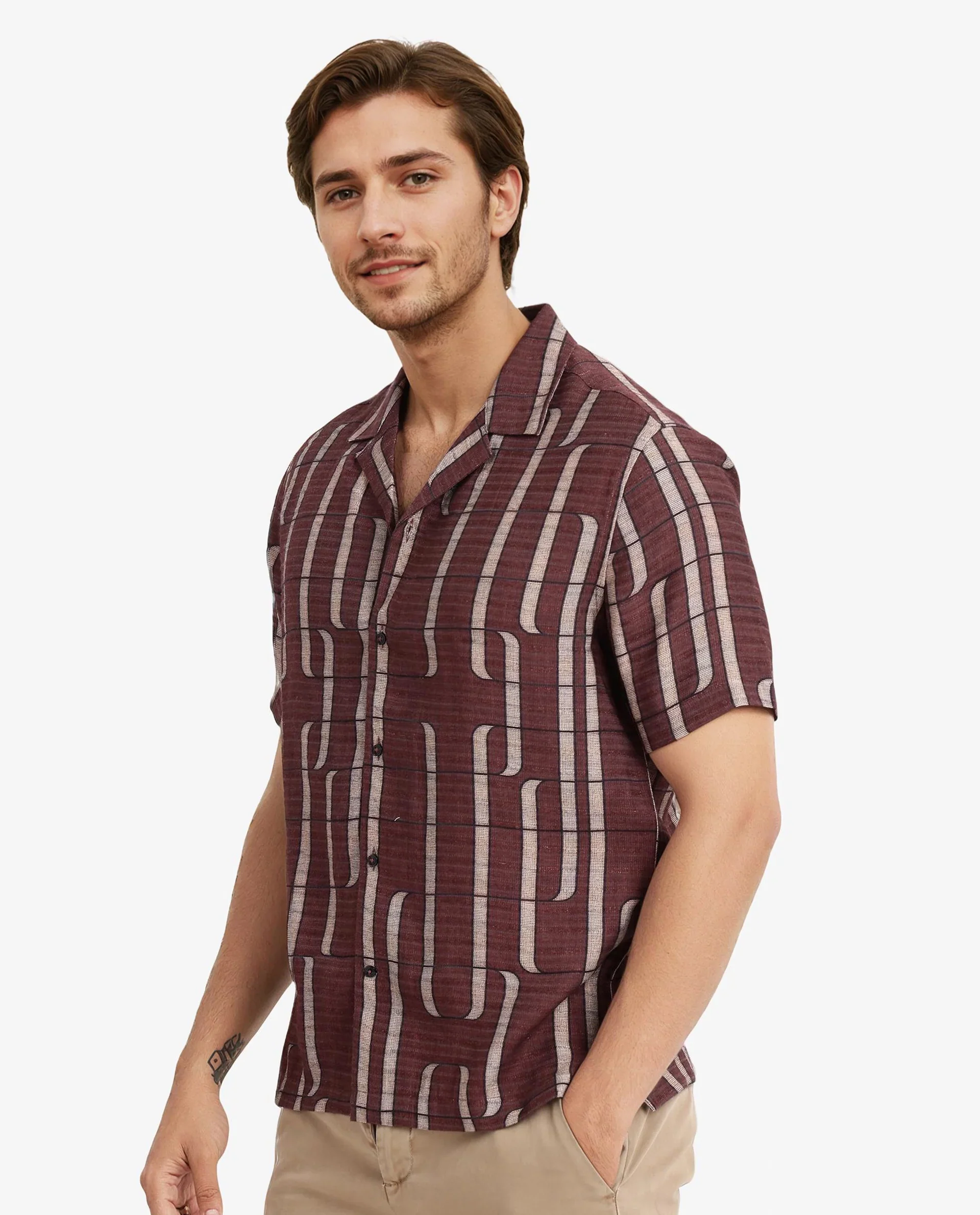 Rare Rabbit Men's Fad Brown Cotton Abstract Print Boxy Fit Half Sleeve Cuban Collar Shirt - Image 7