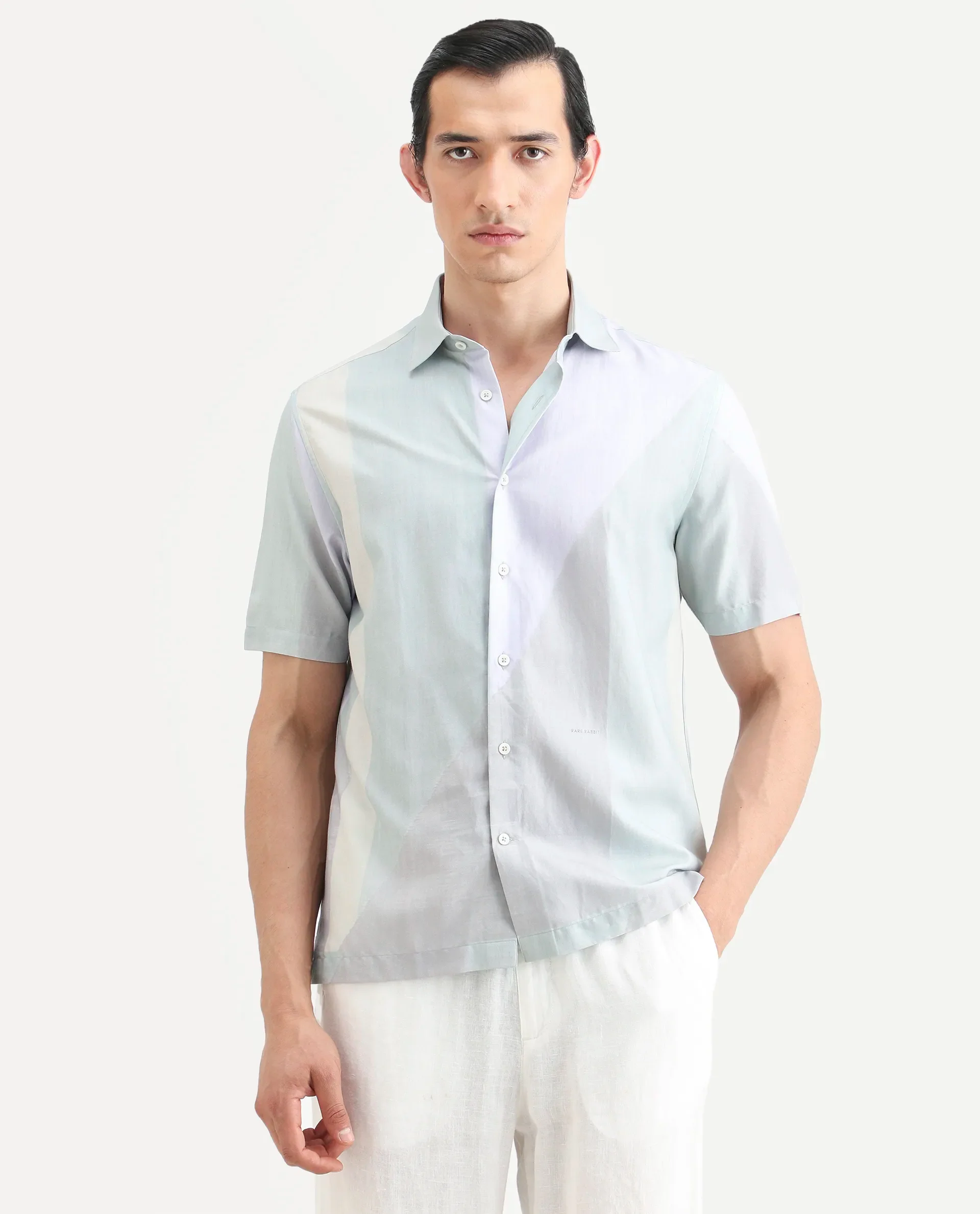 Rare Rabbit Men's Fade Pastel Green Cotton Blend Geometric Print Regular Fit Half Sleeve Collared Shirt - Image 3