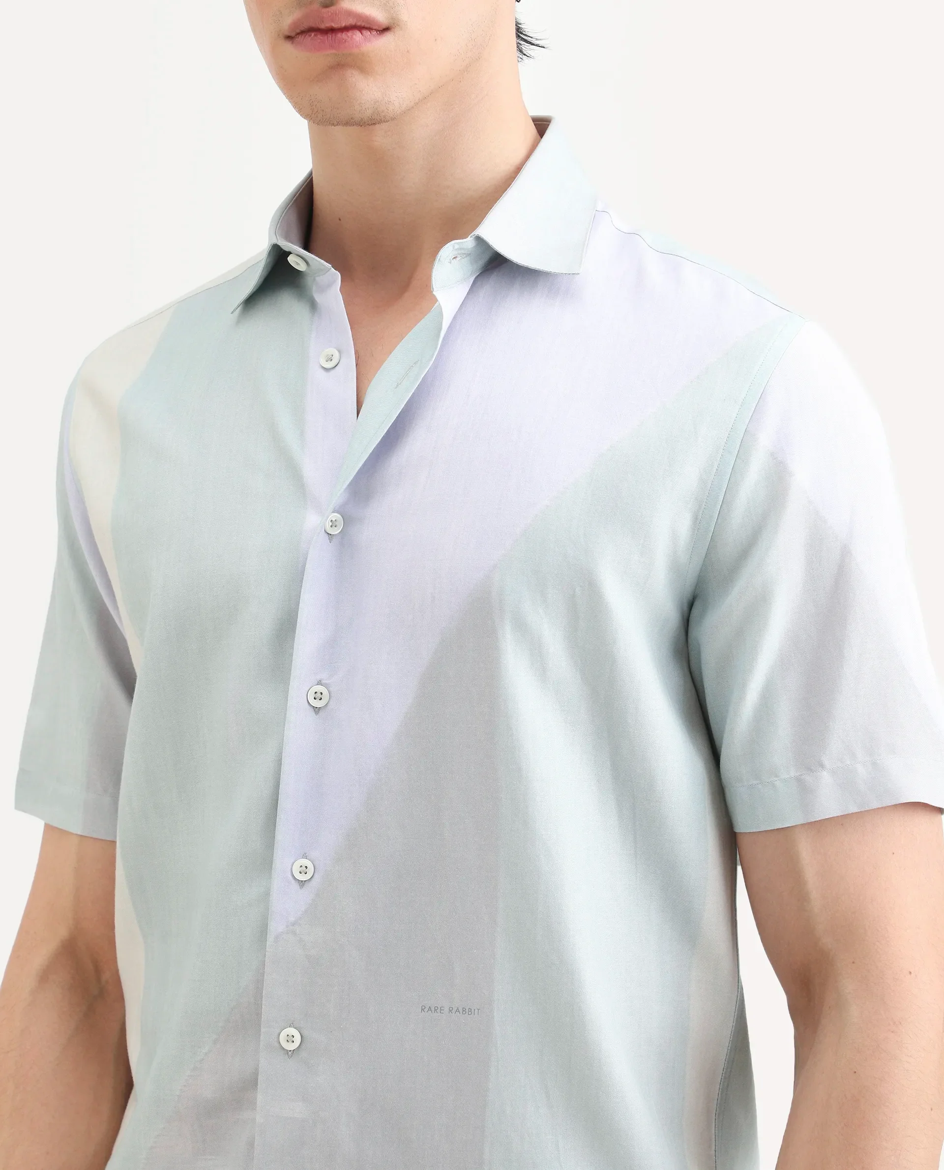 Rare Rabbit Men's Fade Pastel Green Cotton Blend Geometric Print Regular Fit Half Sleeve Collared Shirt - Image 5