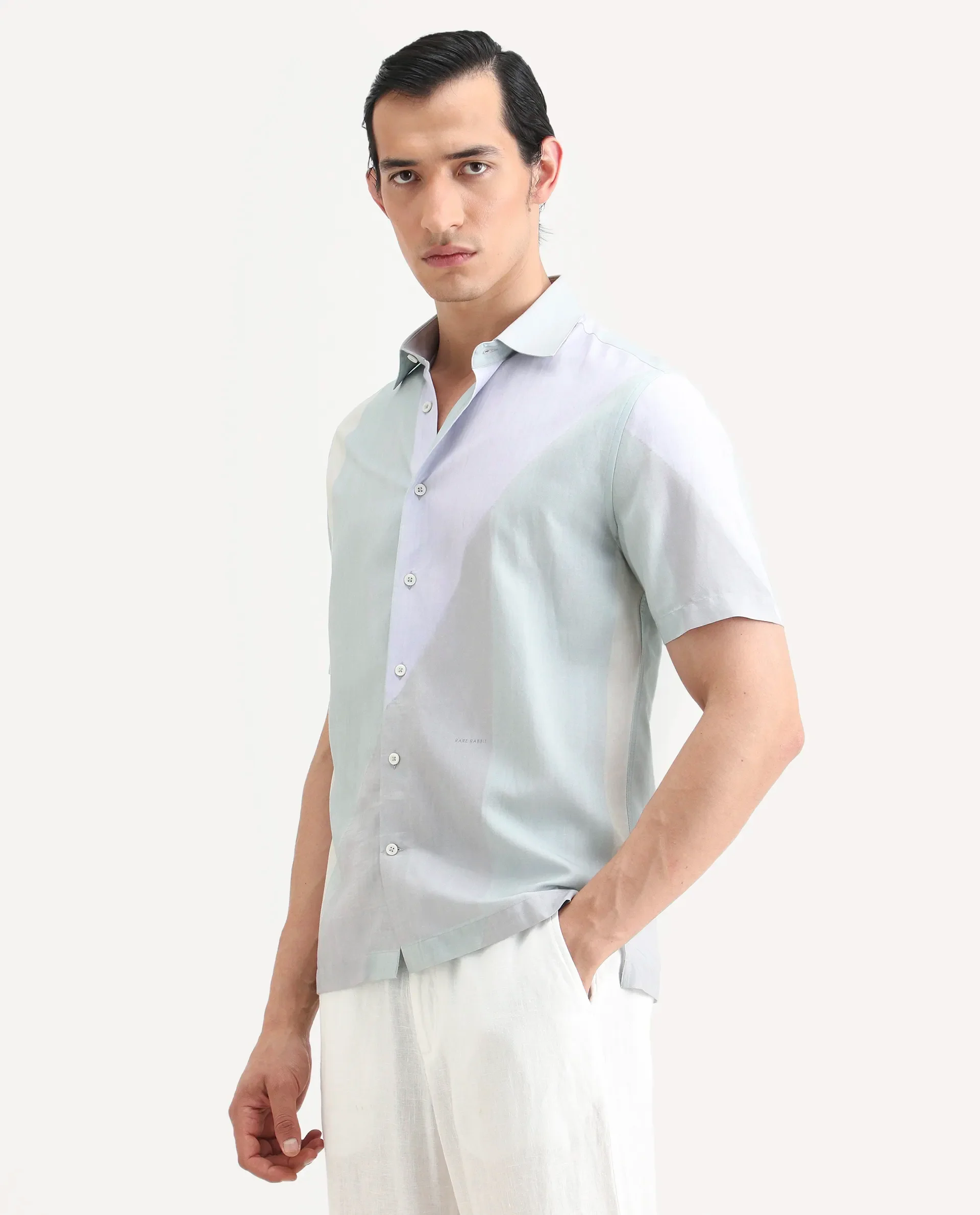 Rare Rabbit Men's Fade Pastel Green Cotton Blend Geometric Print Regular Fit Half Sleeve Collared Shirt - Image 6