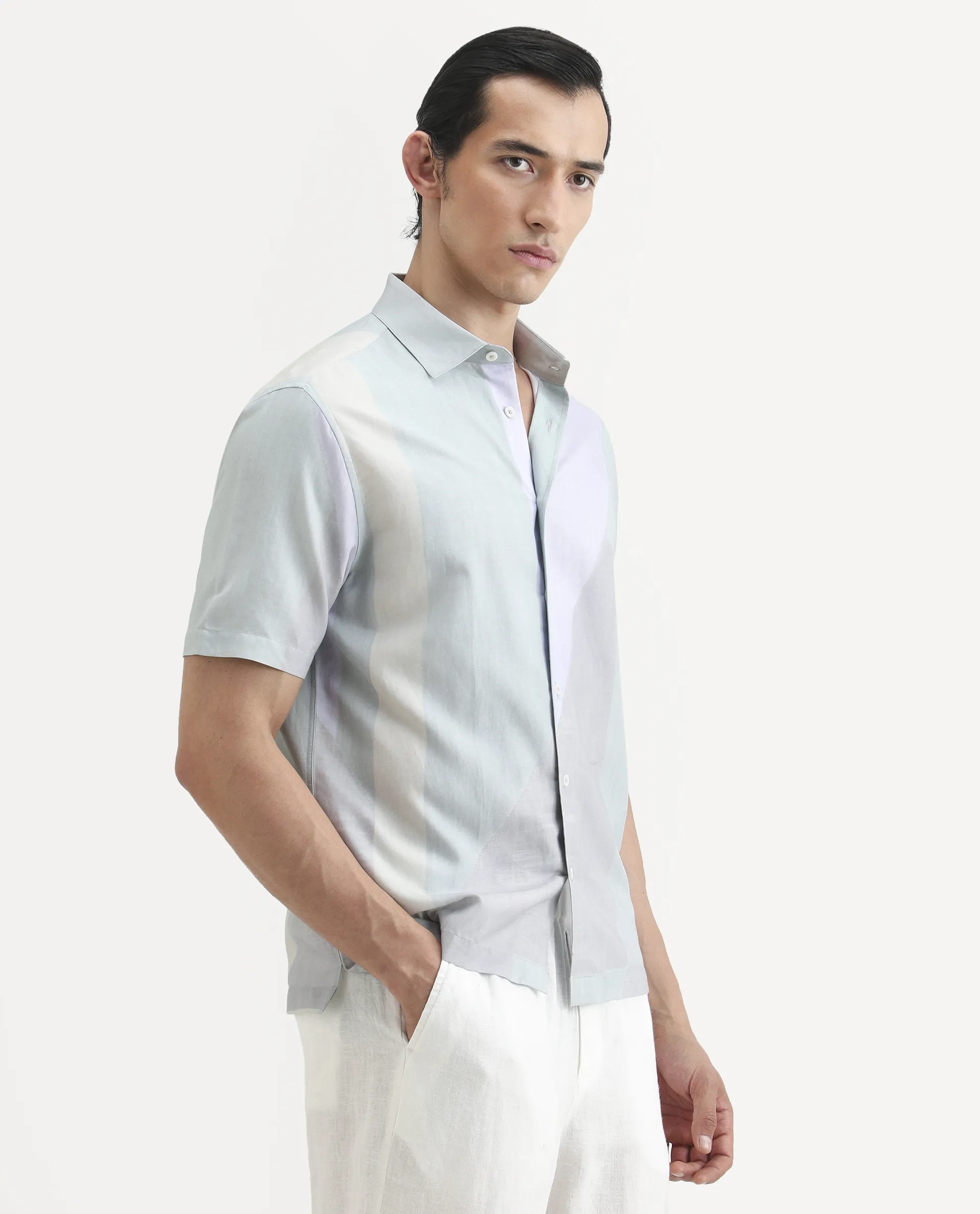 Rare Rabbit Men's Fade Pastel Green Cotton Blend Geometric Print Regular Fit Half Sleeve Collared Shirt - Image 7